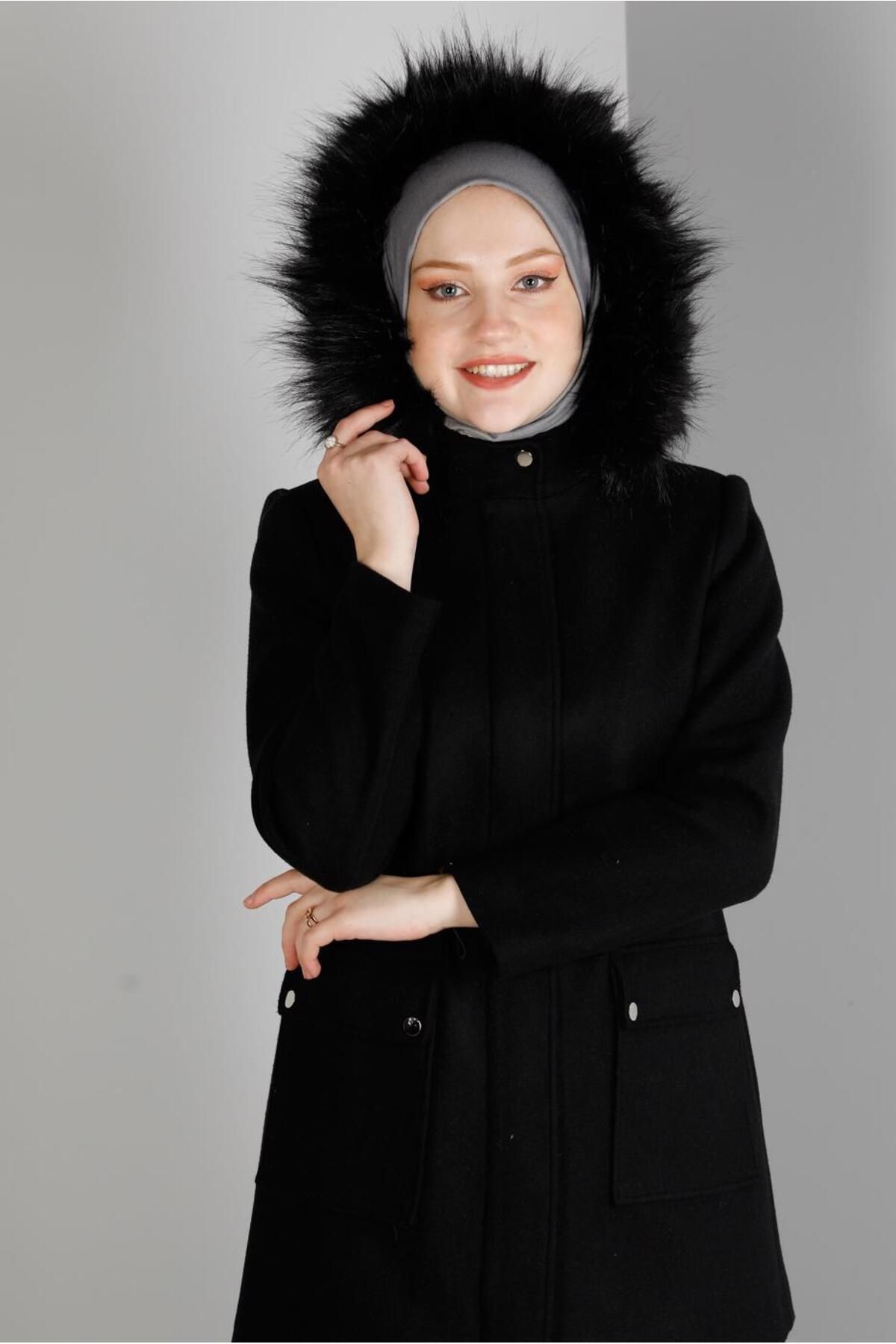 کت خز دار کلاه دار 90353 Alvina