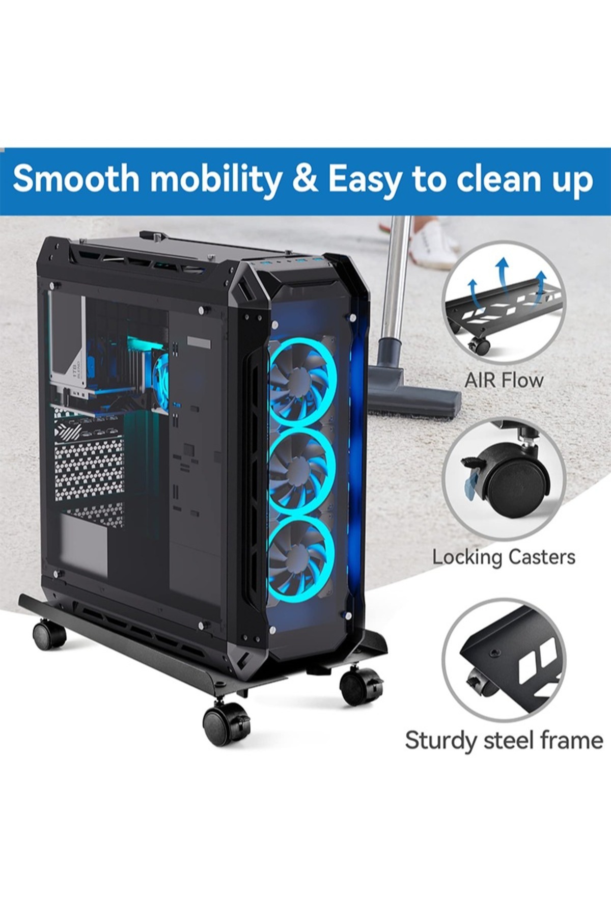 FlashHawk-Computer Tower Stand CPU Holder with Rolling Caster Wheels for Office Home 2