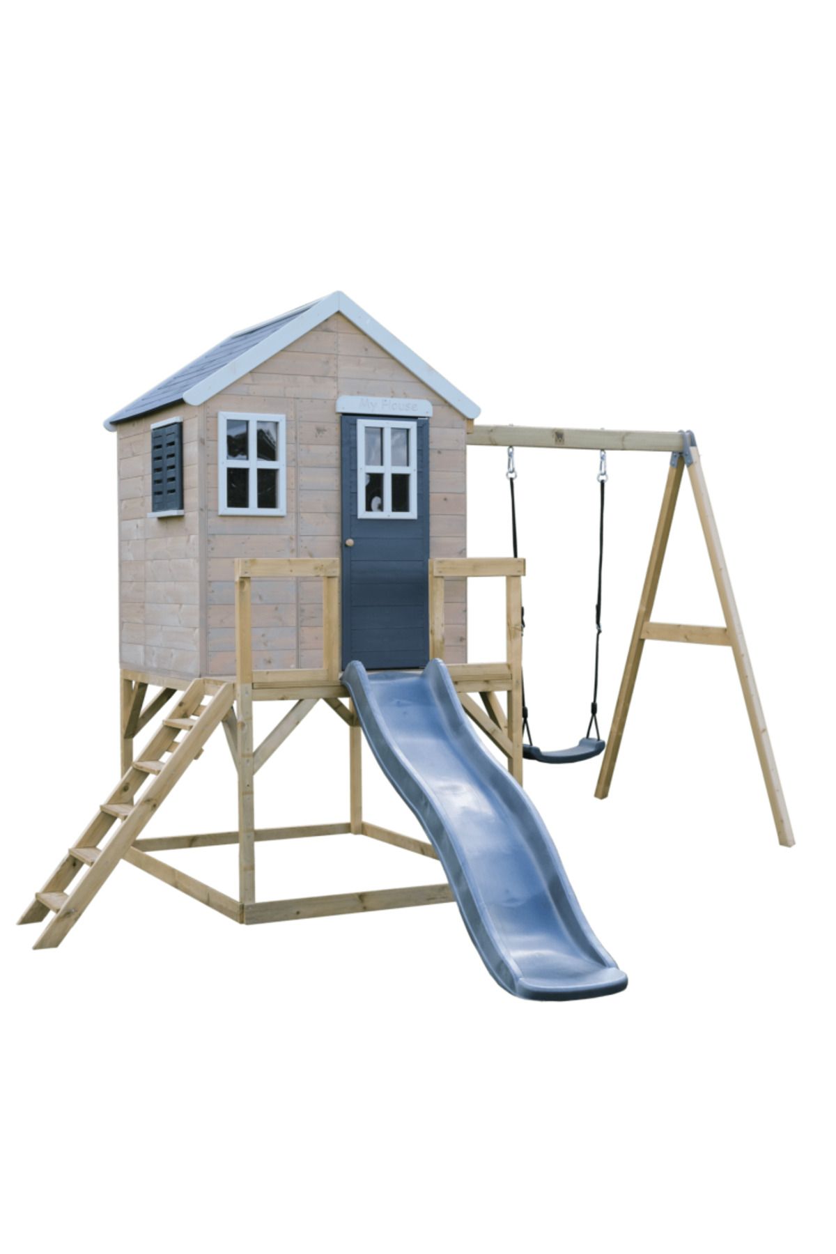 Wendi Toys Casuta De Gradina Grey Lodge Cu Platforma, Tobogan Si Leagan (m24g), Wendi Toys - One Size