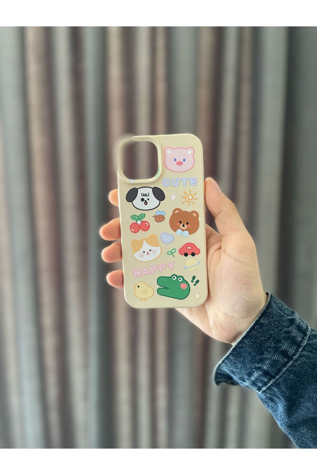 tak pratik İPhone 15 Uyumlu Hayvan Desenli Krem Silikon Kılıf