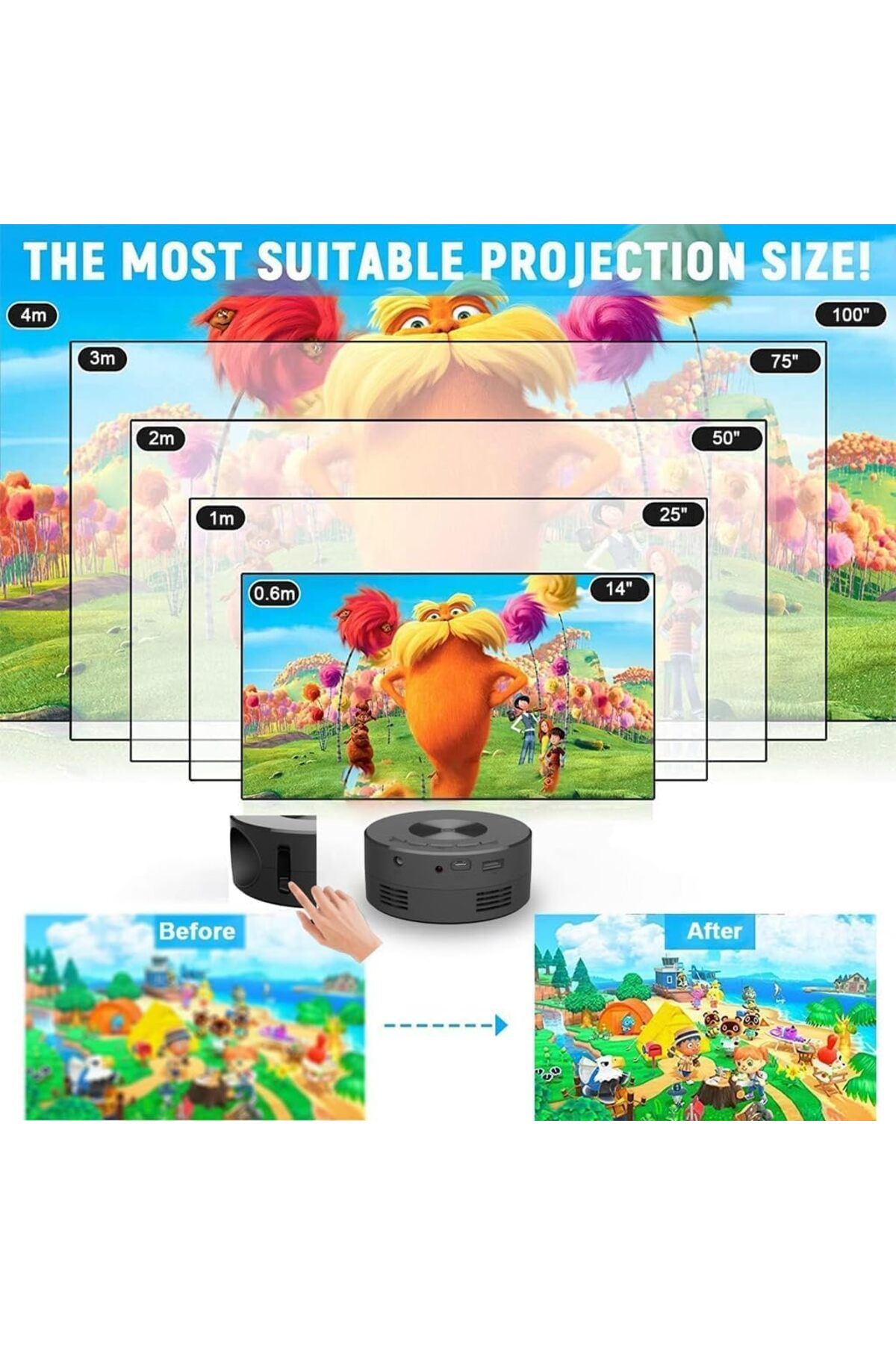 COOYA-Portable Mini Projector, 1080P Support, Video Projector Compatible with Android/iOS/USB 3