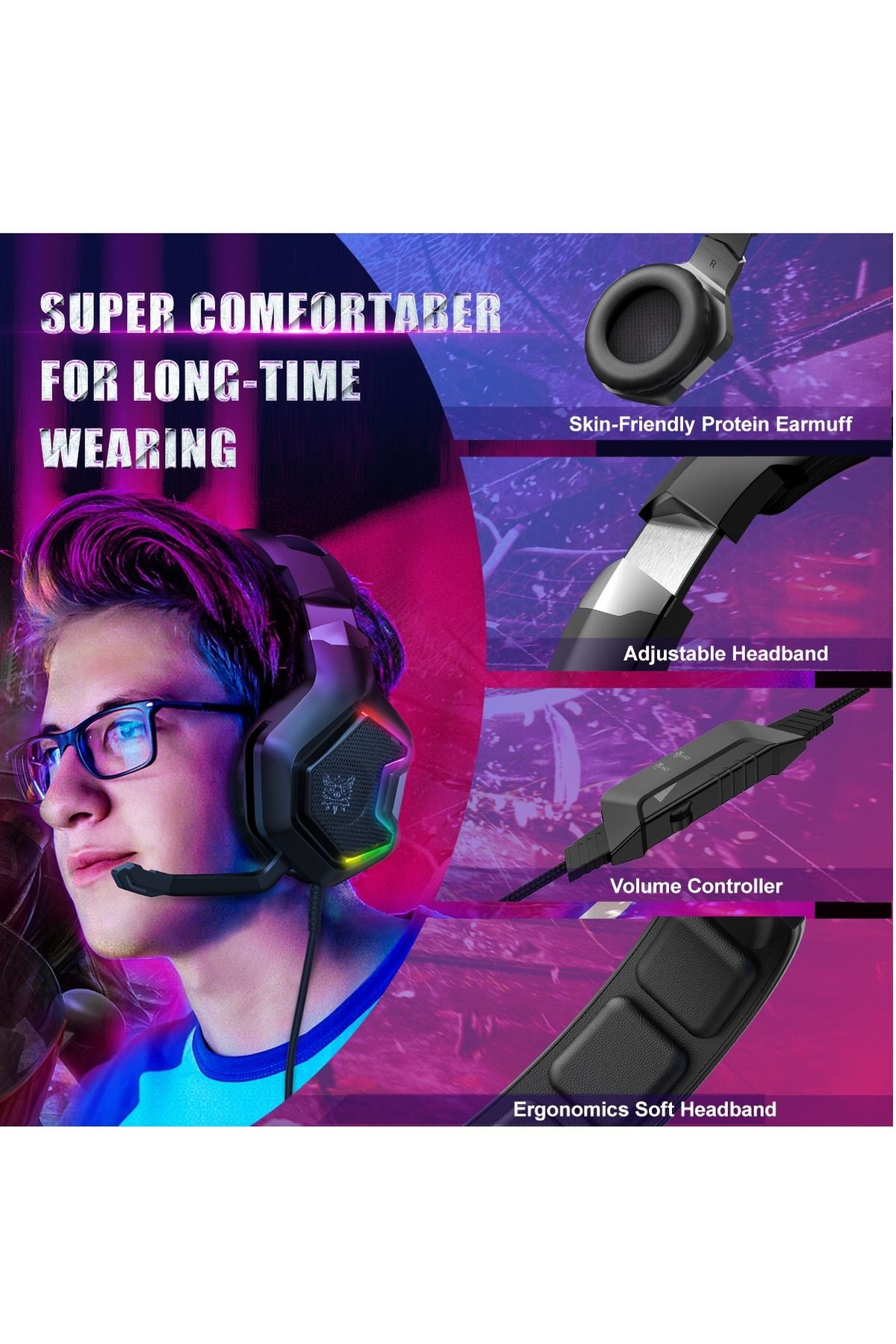 Onikuma-K10 Pro RGB Gaming Headset with 7.1 Surround Sound, Noise Canceling Mic 6