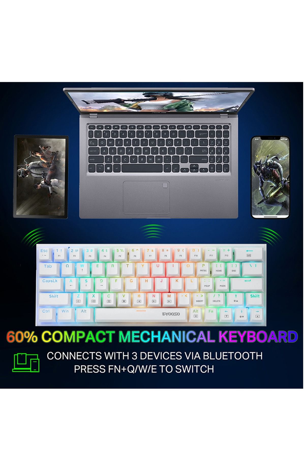 e-yooso-Z-11 3 Modes Wireless Mechanical Keyboard, Blue Switch Bluetooth/2.4G/USB-C 60% Portable 4