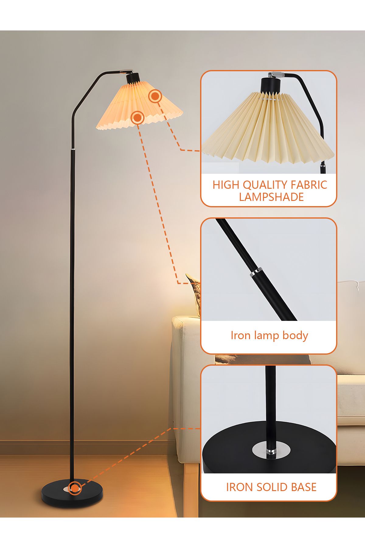 Lumely-Pleated Fabric Floor Lamp With Retro Style,3 Lighting Modes,adjustable Head,eye-caring,e27,12w 5