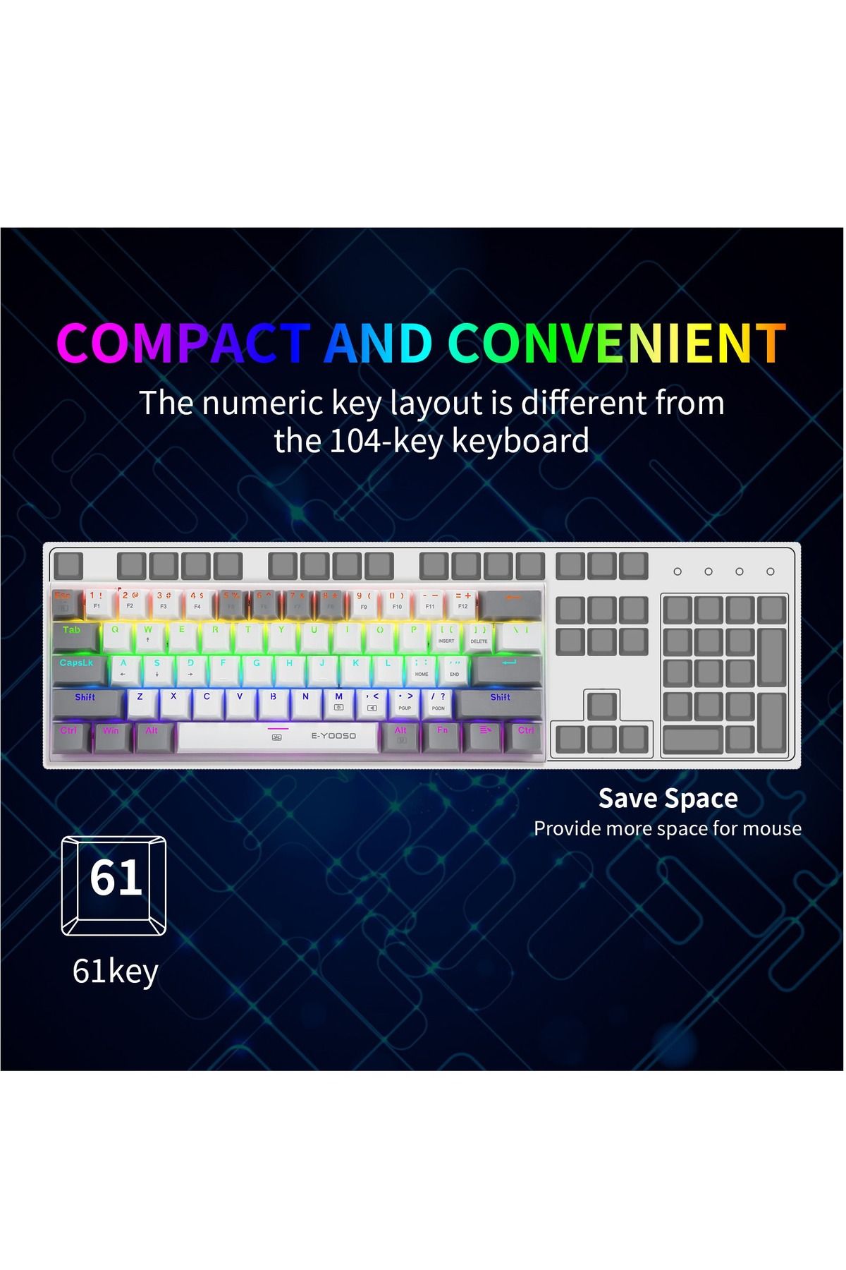 e-yooso-Z-11 61 Keys Mechanical Gaming Keyboard,Blue Switch 60% Wired Compact Keyboard 6