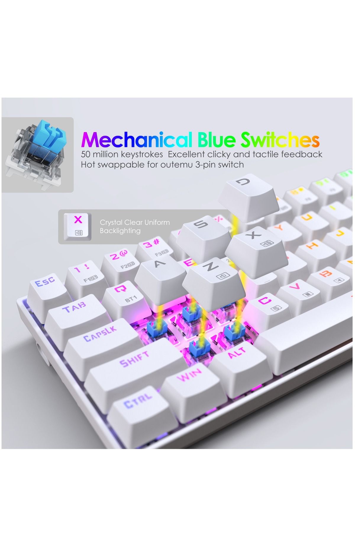 e-yooso-68 Keys 3 Modes Wireless Gaming Keyboard with RGB Backlit,Bluetooth/2.4G/USB-C Blue 5