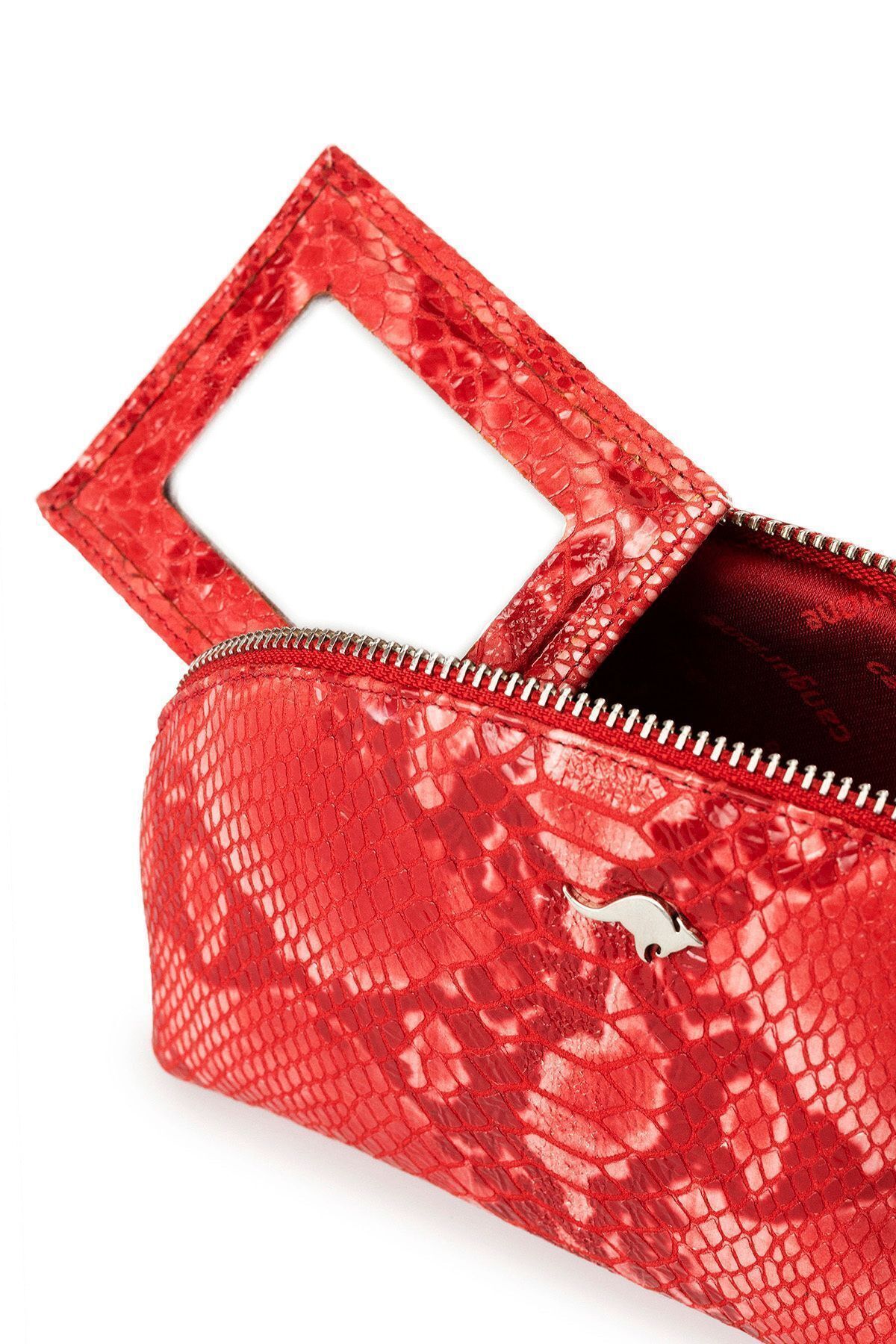 Deriderim-Red Zippered Portable Mirrored Python Print Genuine Leather Handbag 2