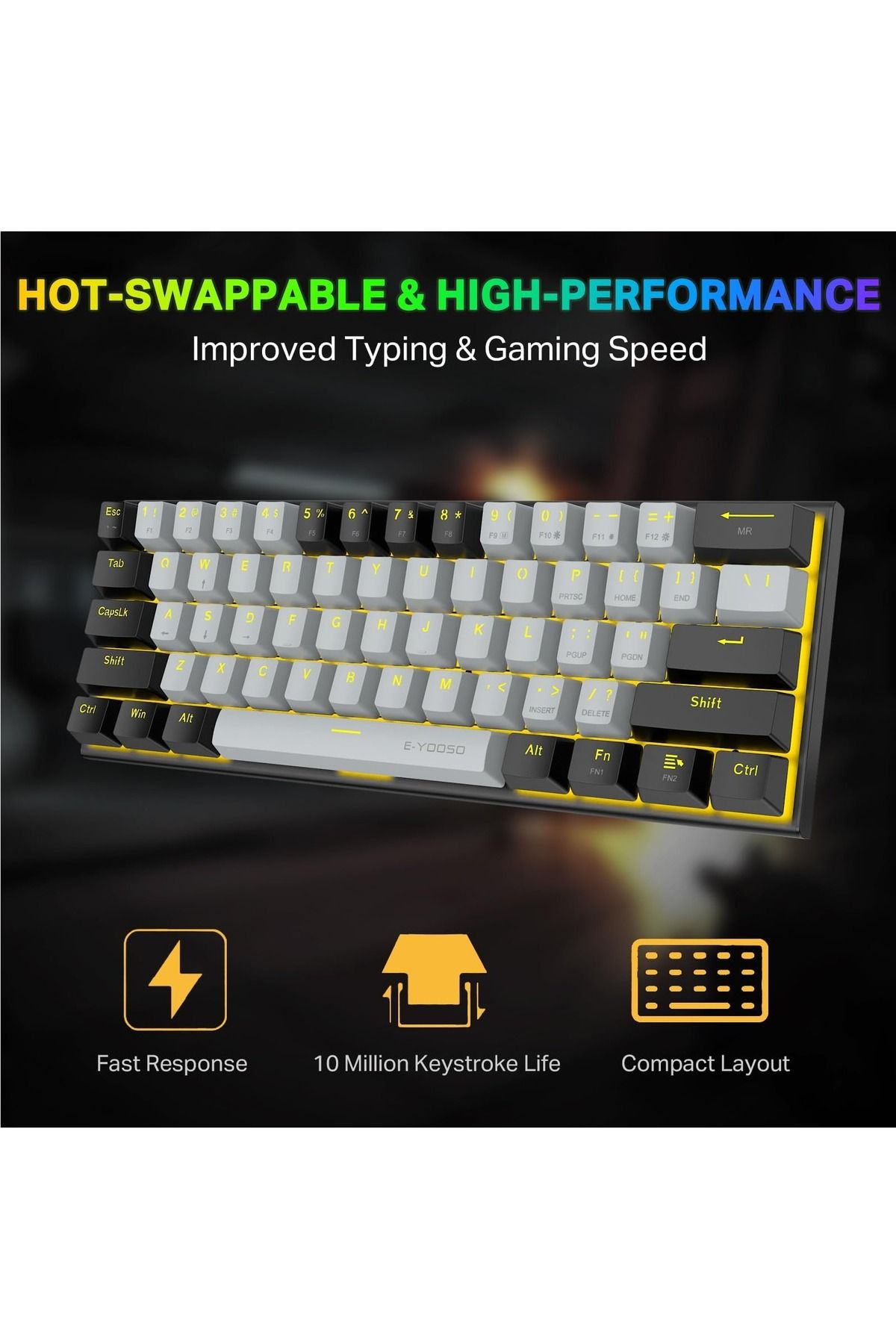 e-yooso-Z-11 60% Mechanical Gaming Keyboard,Red Switch 61 Keys Wired Compact Keyboard 3