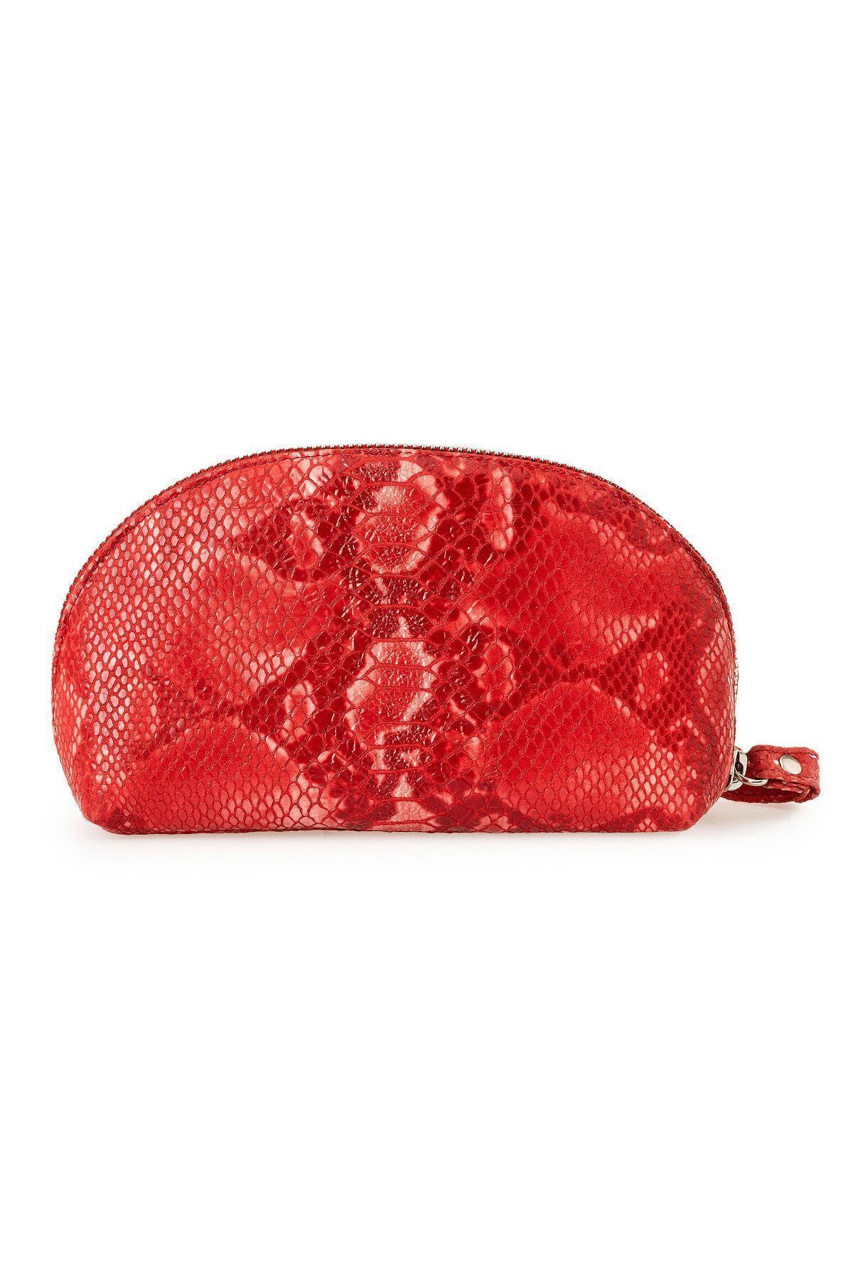 Deriderim-Red Zippered Portable Mirrored Python Print Genuine Leather Handbag 3