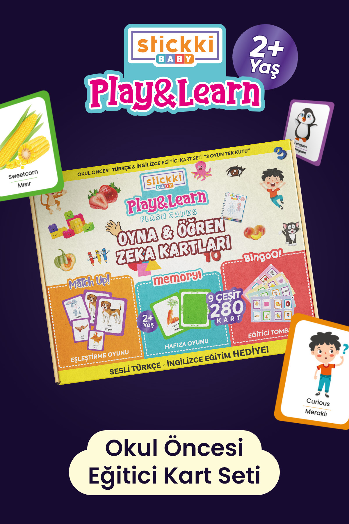 Stickki Eğitici Kartlar | TR-EN | 2-6 Yaş | 280 Kart | 3 Oyun | QR Kodlu Sesli Eğitim fotoğrafı 2 (önizleme)