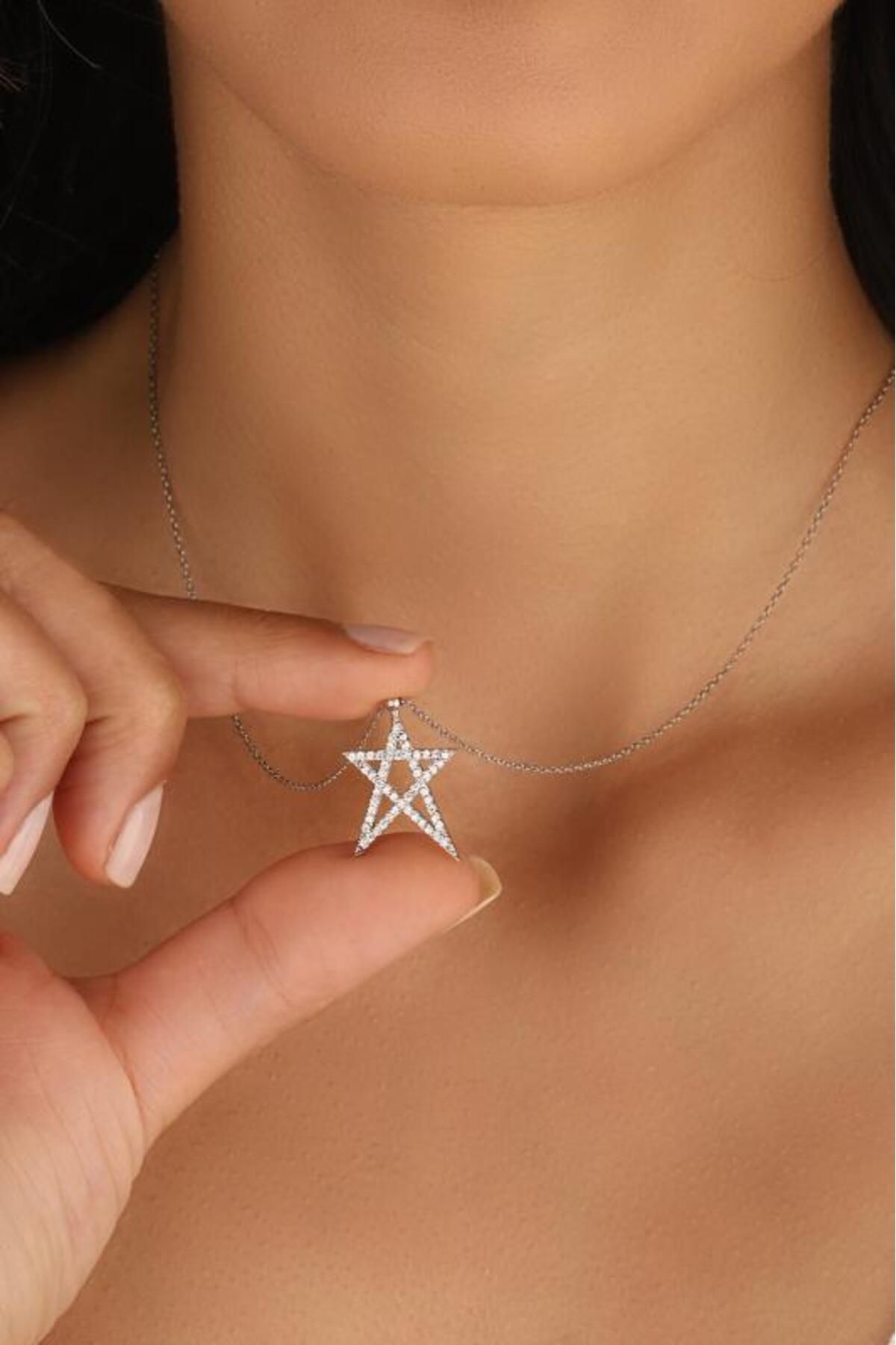 Mistik Silver Yıldız Gümüş Kolye Beyaz Zirkon Taşlı