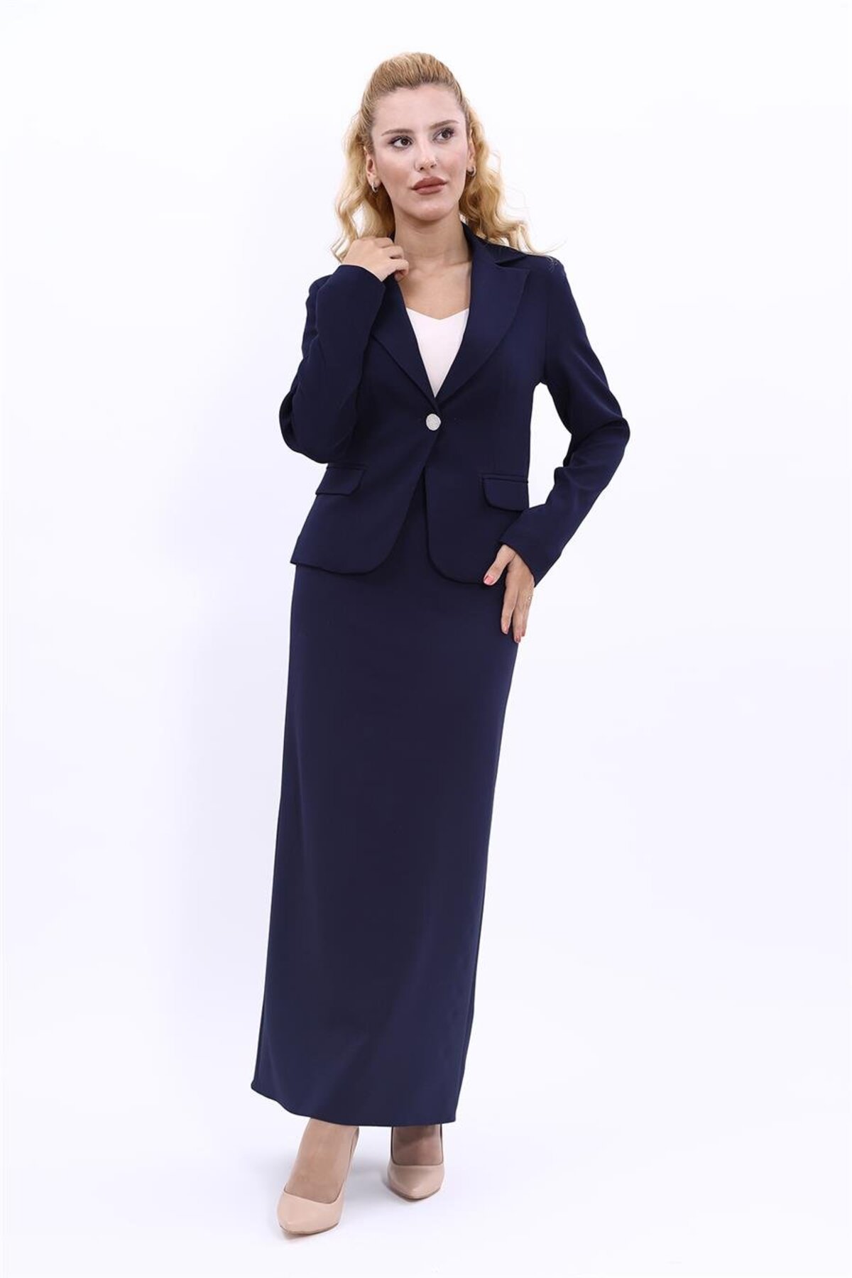 Collared One-Button Jacket & Long Pencil Skirt Set-Navy
