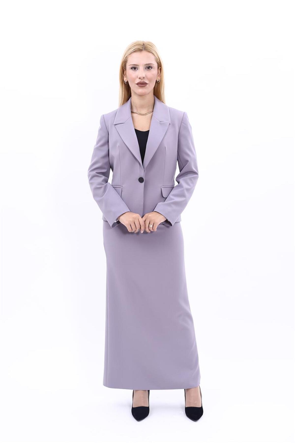 Collared One-Button Jacket & Long Pencil Skirt Set-Anthracite