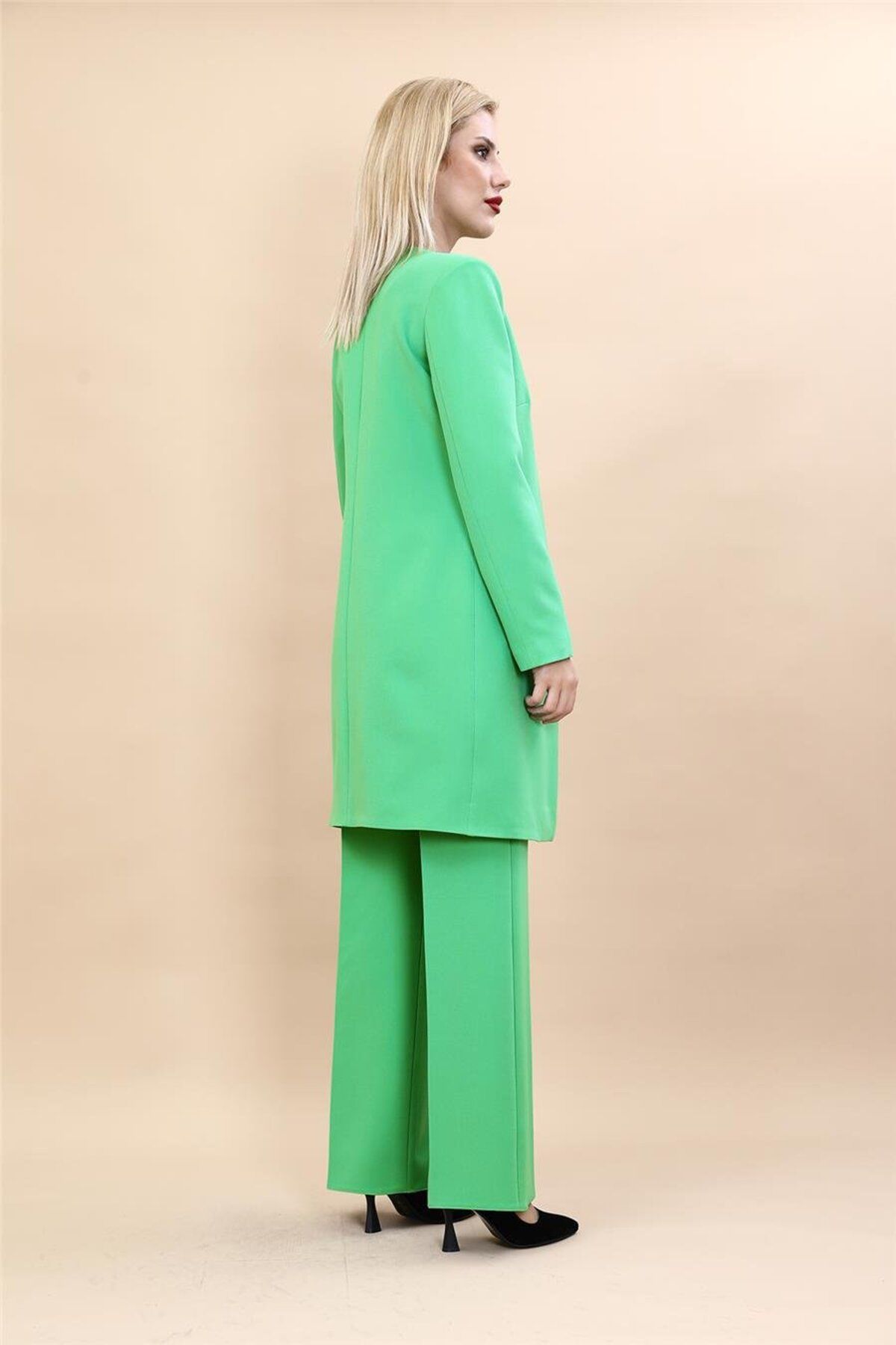 ÖNDER ÖZSOY-Plus Size - Solid Jacket & Wide Leg Pants Set-Green 3