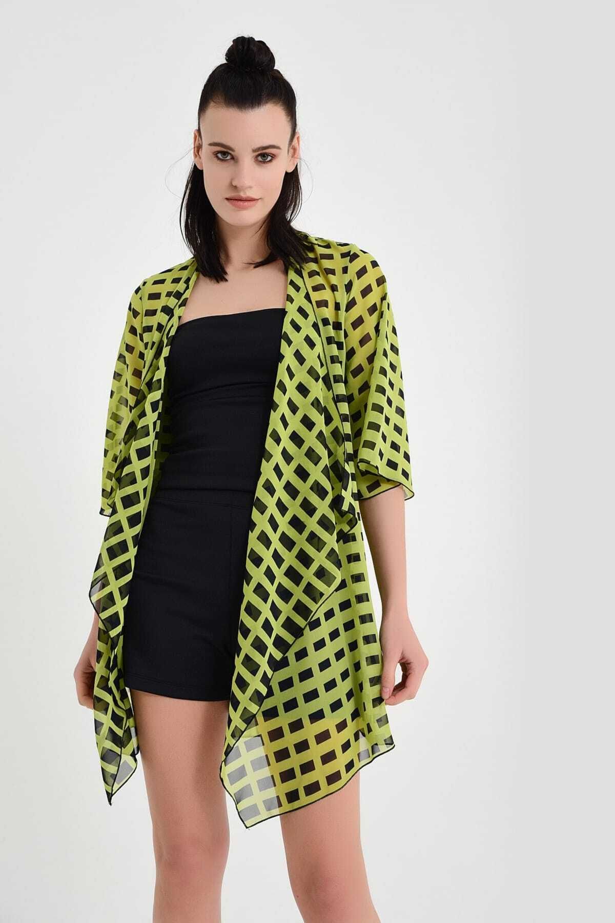 Laranor-Women's Green Patterned Chiffon Kimono 19L6654 4