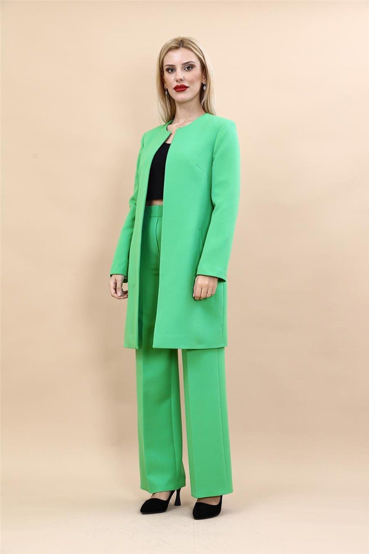 ÖNDER ÖZSOY-Plus Size - Solid Jacket & Wide Leg Pants Set-Green 1