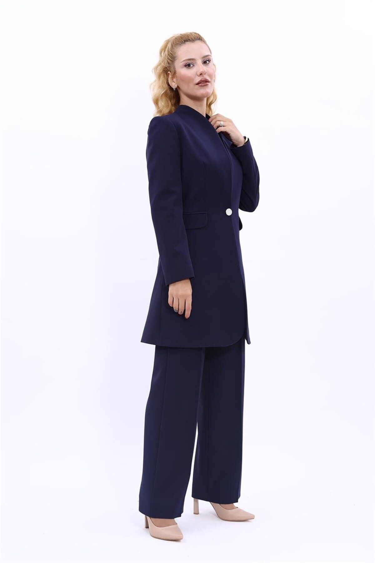 ÖNDER ÖZSOY-Plus Size - Long Collarless Jacket & Wide Leg Pants Set-Navy Blue 3