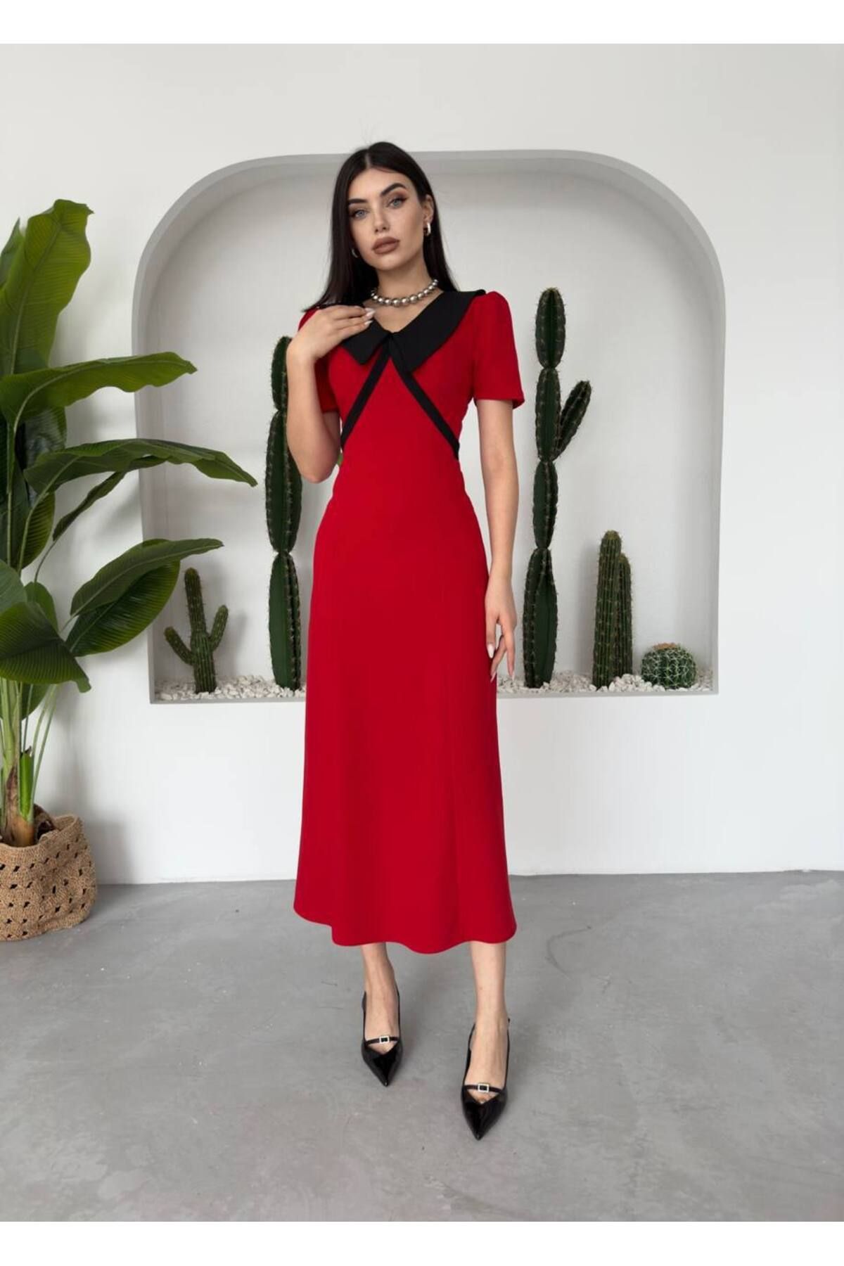 ETİKAFASHION-Short Sleeve Dress with Shirt Collar and Ribbon Detail 5
