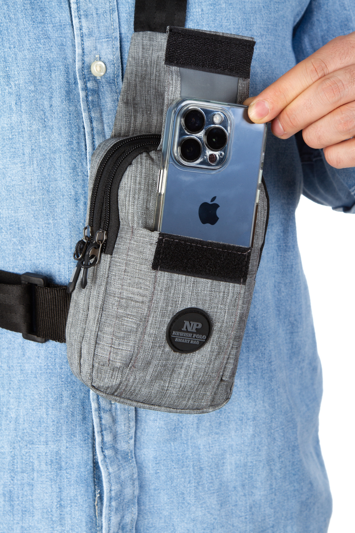 Newish Polo Newish Unisex Gri Keten Telefon Bölmeli Çapraz Askılı Omuz Ve Bel Çantası, Günlük Spor Ve Seyahat görsel 3