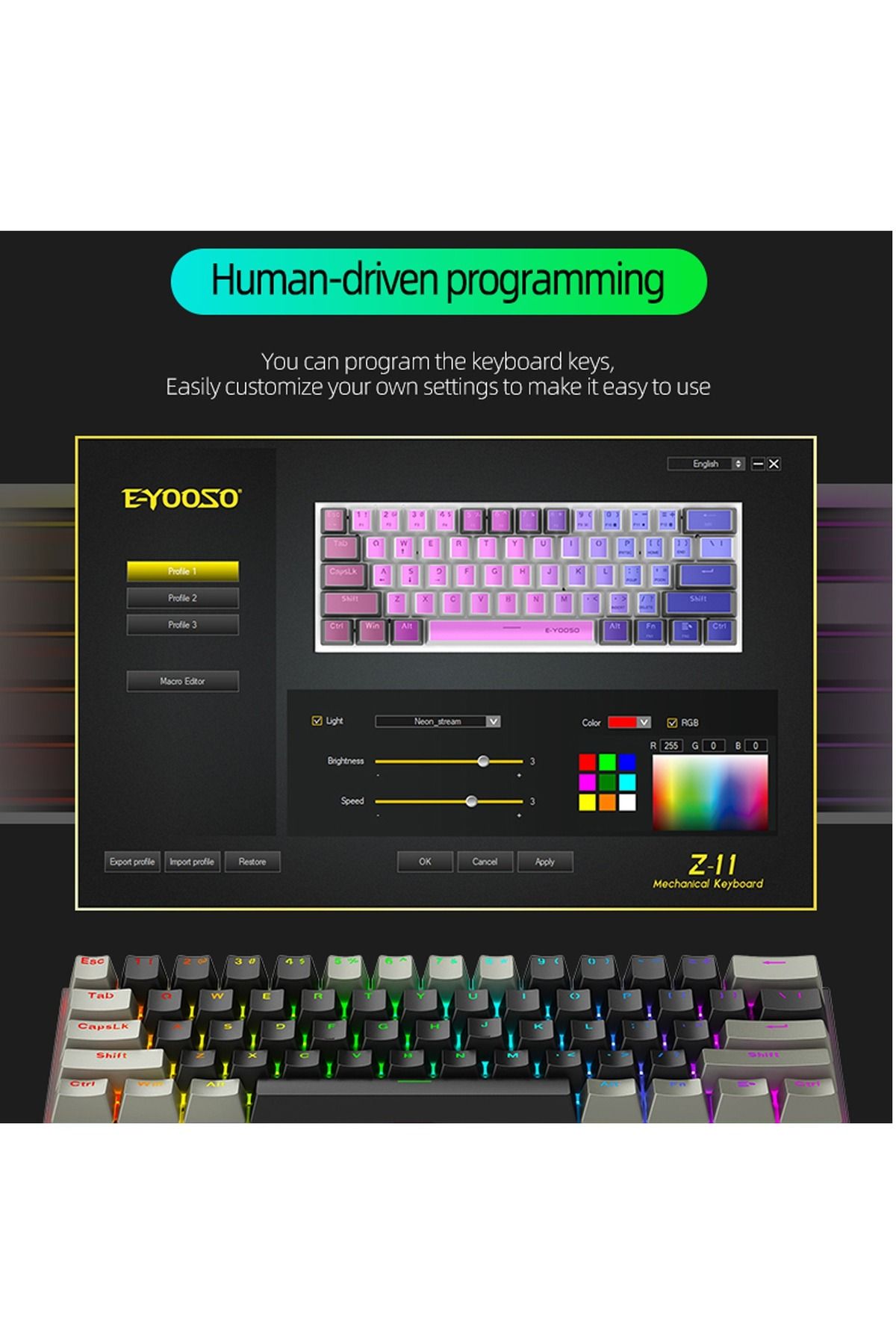 e-yooso-Z-11 3 Modes Wireless Mechanical Keyboard, Red Switch Bluetooth/2.4G/USB-C 60% Portable 4