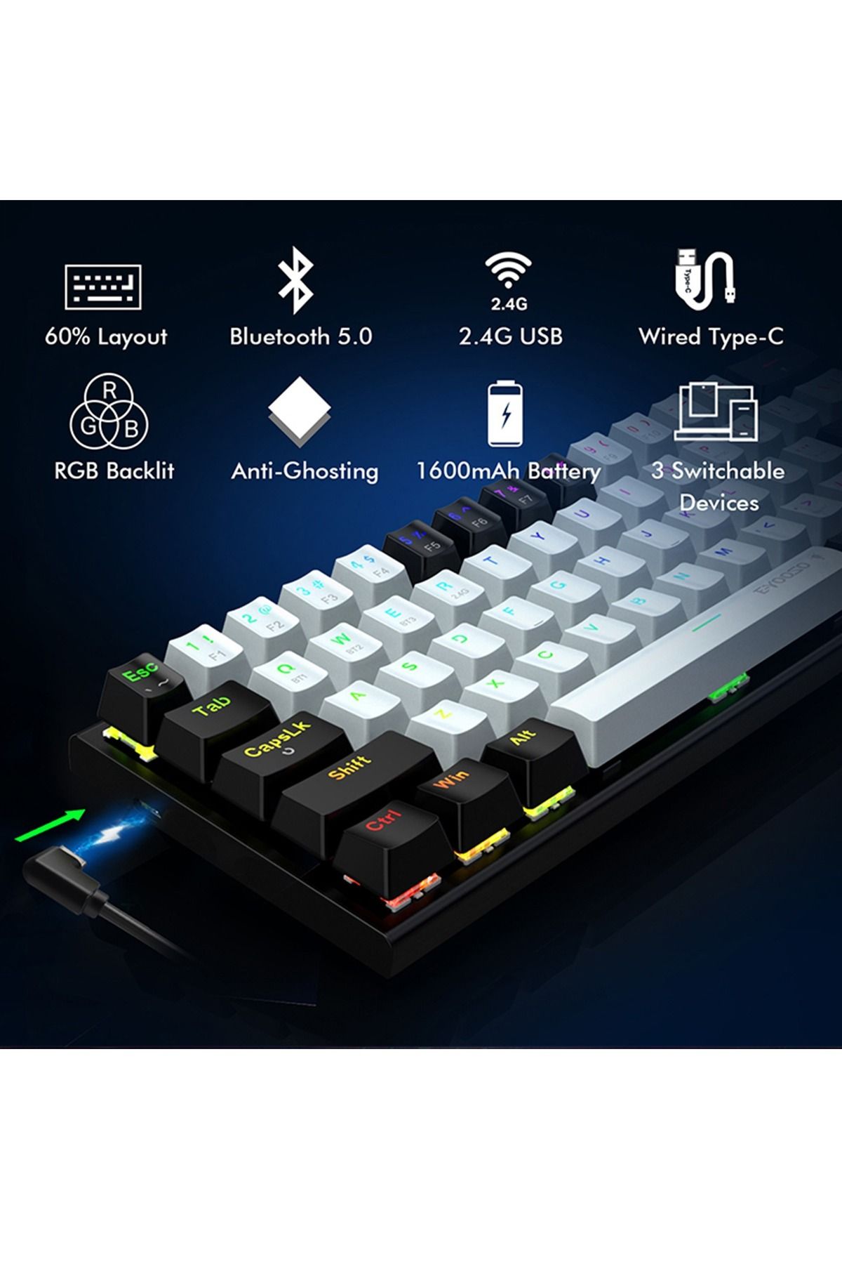 e-yooso-Z-11 3 Modes Wireless Mechanical Keyboard, Red Switch Bluetooth/2.4G/USB-C 60% Portable 5