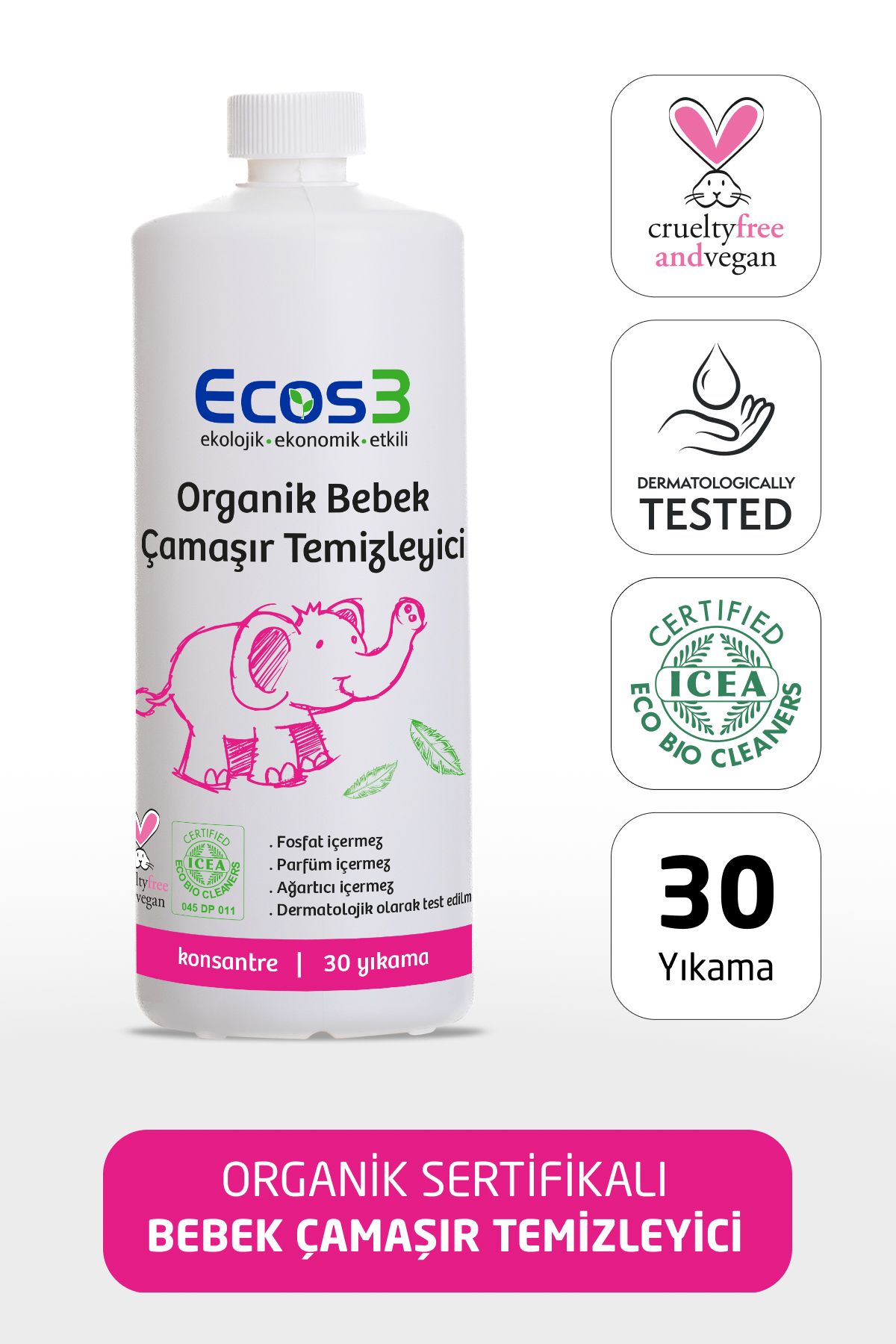Ecos3 Organik Bebek Çamaşır Deterjanı, Vegan Sertifikalı, Ekolojik, Kokusuz, Konsantre 30 Yıkama, 1050ml