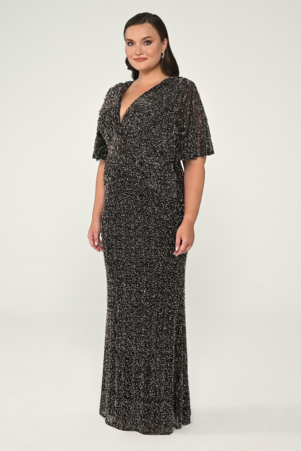 ALFABETA-V-Neck, Short Sleeve, Beaded Fabric Dress - Alpha Beta 2