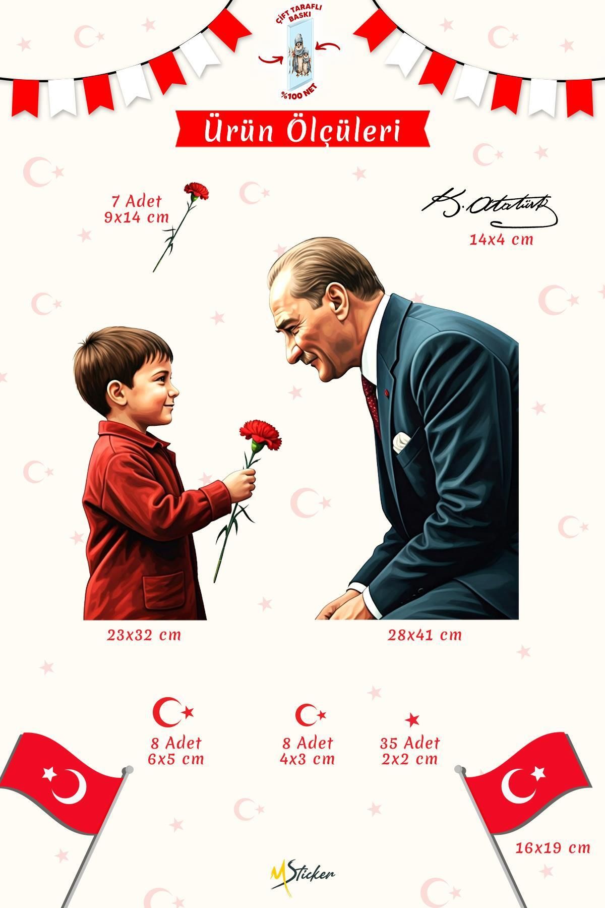 MSticker-23 April Themed Flagged Double Sided Printed Sticker Set, Ataturk and Child Glass Sticker 7