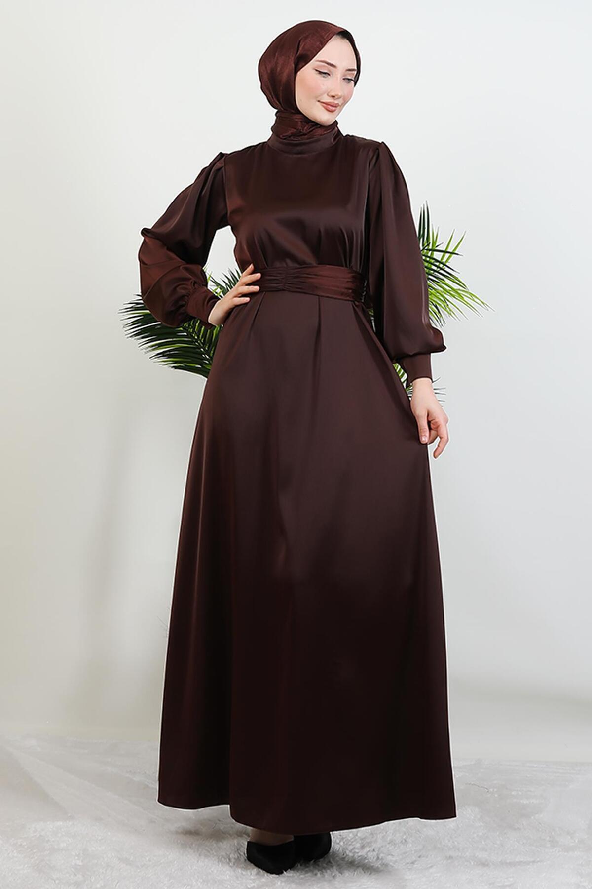 giz astore-Belted Satin Dress Bitter Brown 4