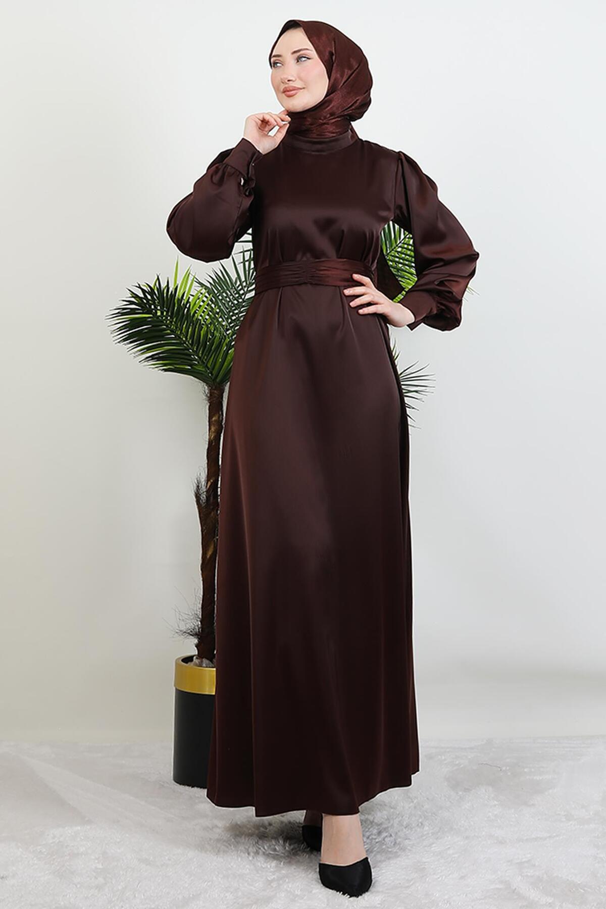 giz astore-Belted Satin Dress Bitter Brown 1