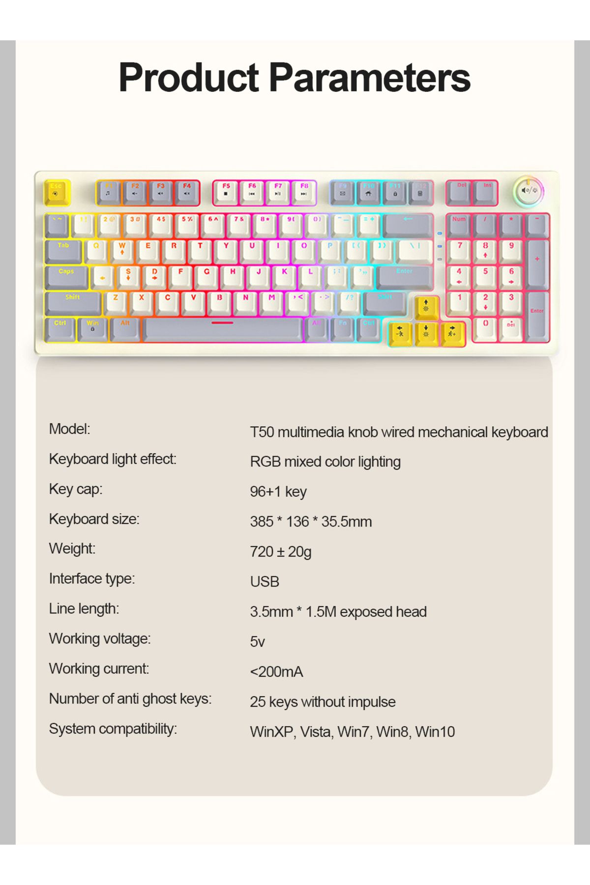T-WOLF-T50 Wired Gaming Keyboard, 97 Keys Blue Switch Mechanical Keyboard with Rgb Backlit and Multimedia 8