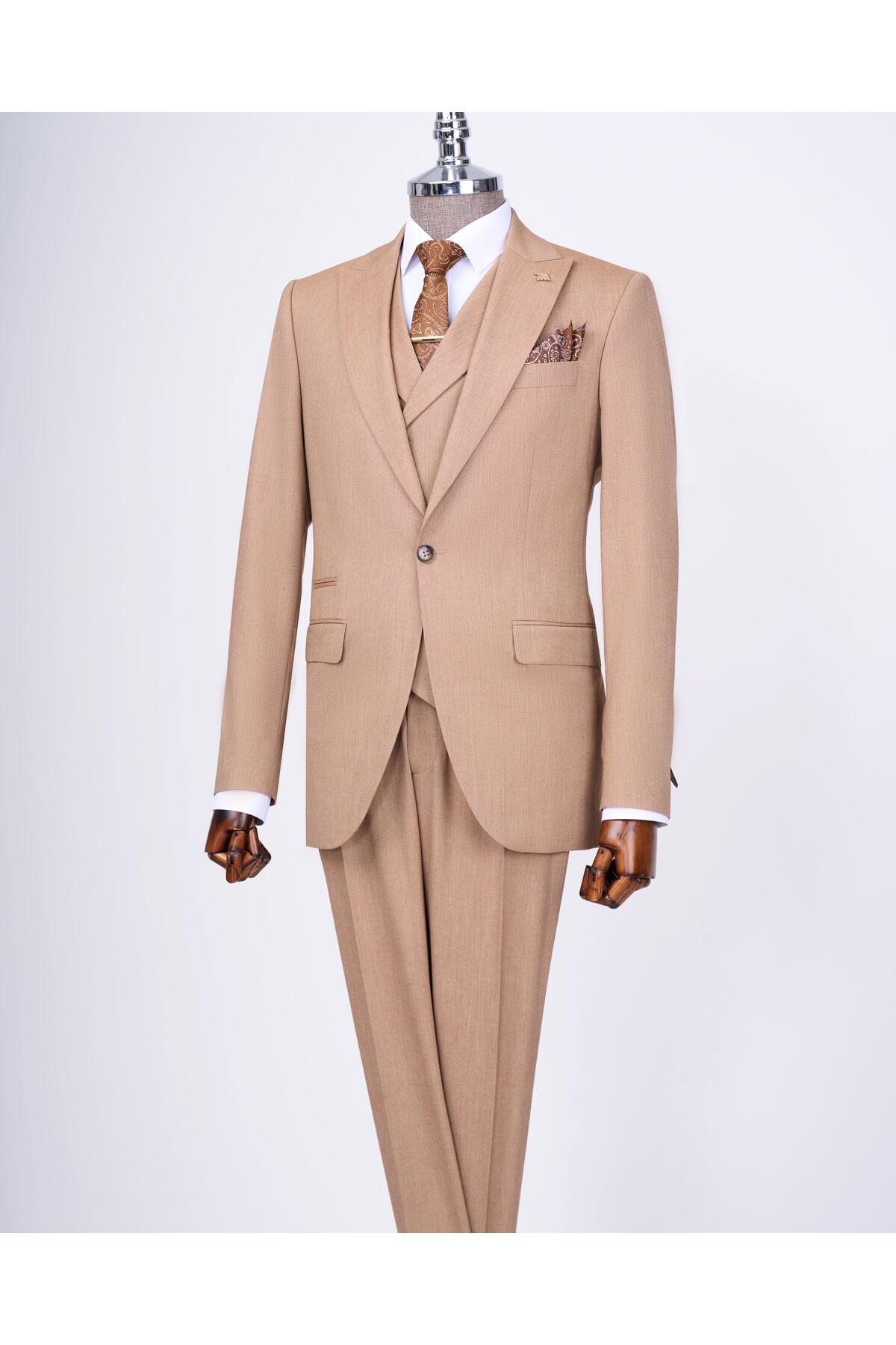 TerziAdemAltun İtalyan stil ceket yelek pantolon takım elbise camel T12820