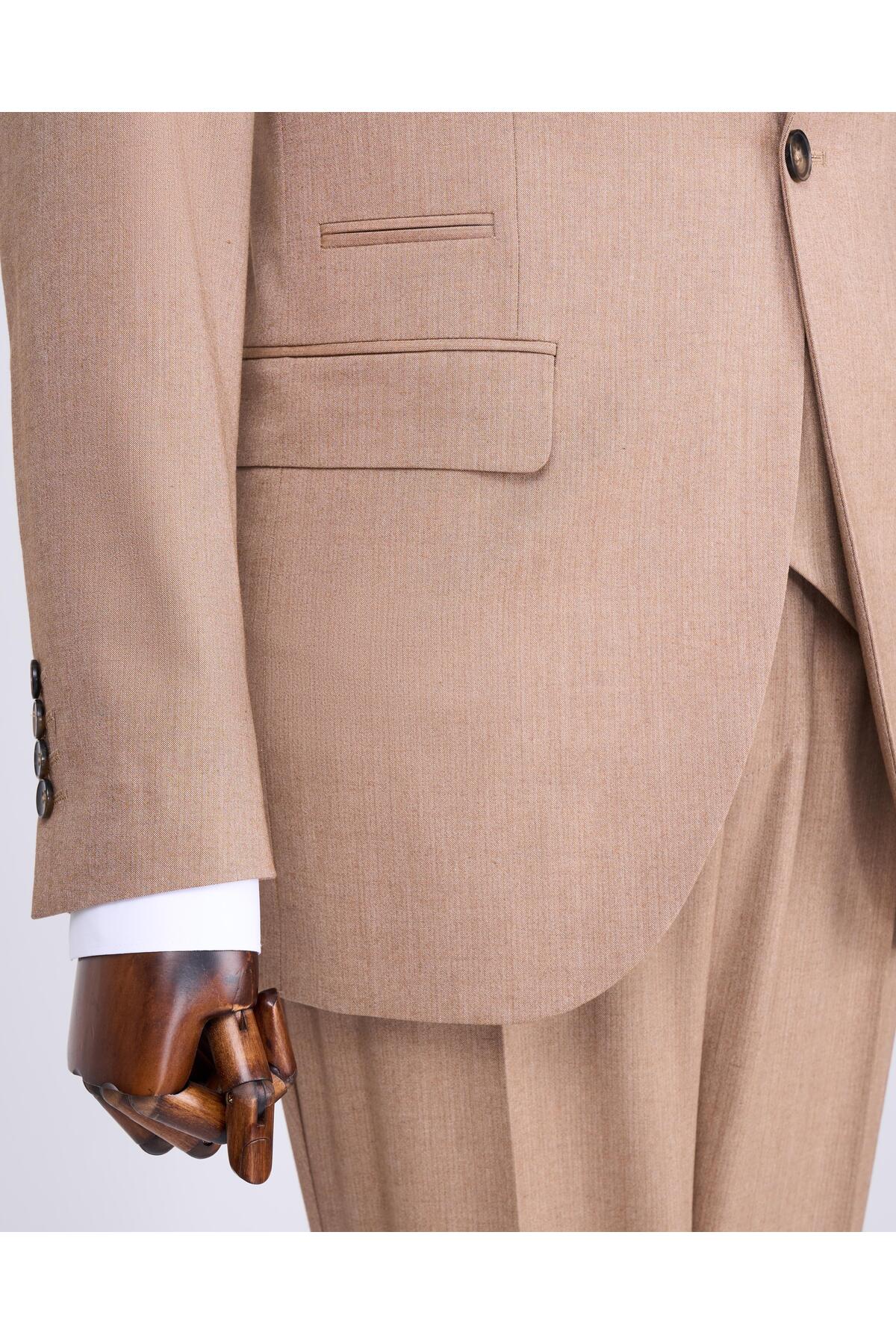 TerziAdemAltun İtalyan stil ceket yelek pantolon takım elbise camel T12820 görsel 7