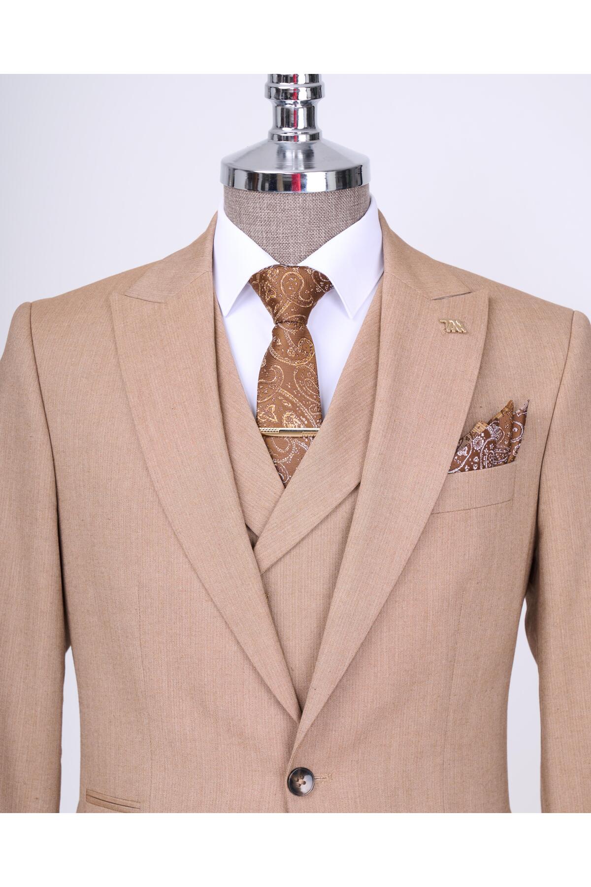 TerziAdemAltun İtalyan stil ceket yelek pantolon takım elbise camel T12820 görsel 2