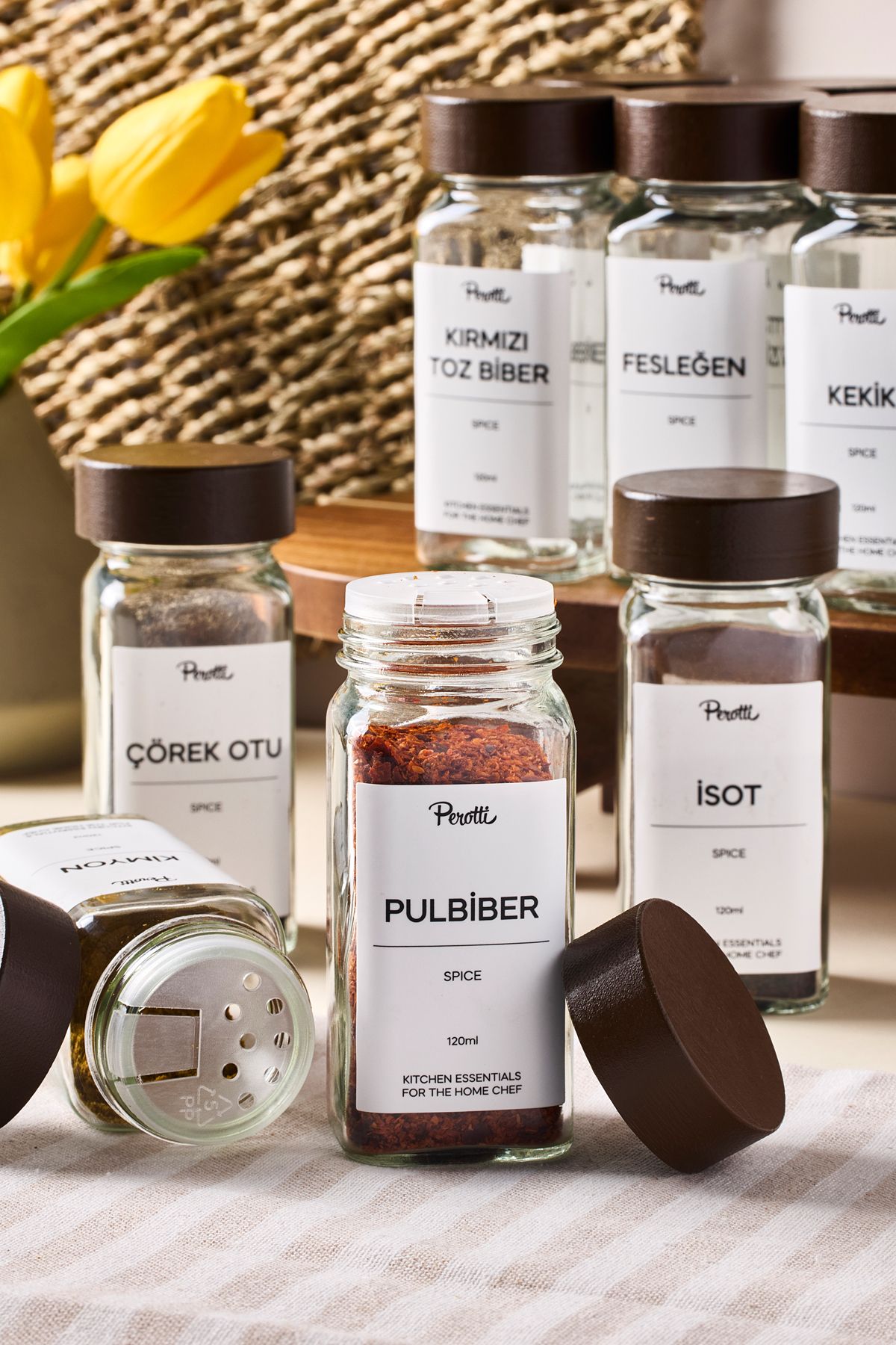 Perotti-Raul Woody 12-Piece Minimal Acacia Lid Spice Rack Set 120ml-30 Pcs. Black-White Label Gift 4