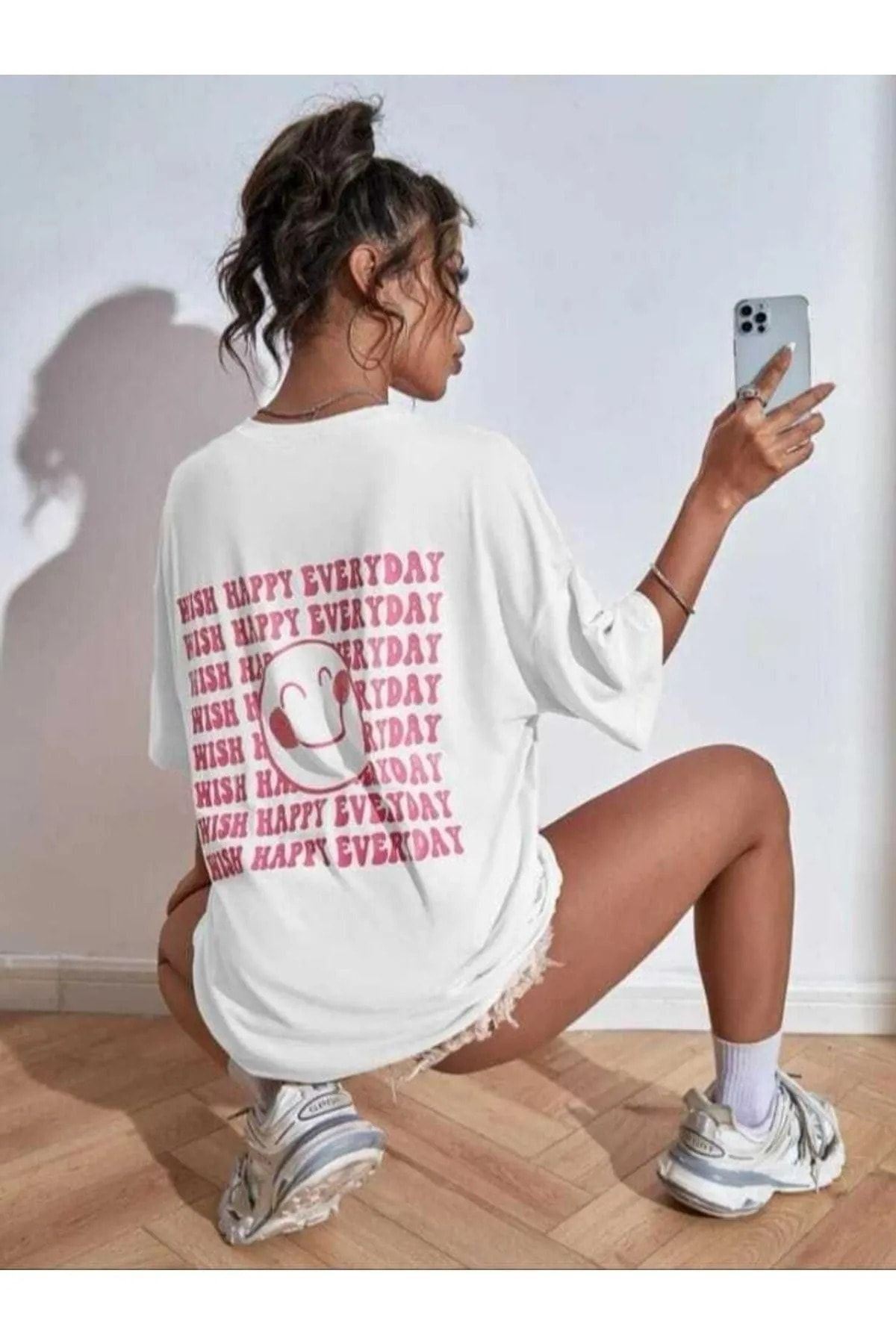 Wish Happy Single Jersey T-Shirt- White Printed Oversized Crew Neck Short Sleeve T-Shirt