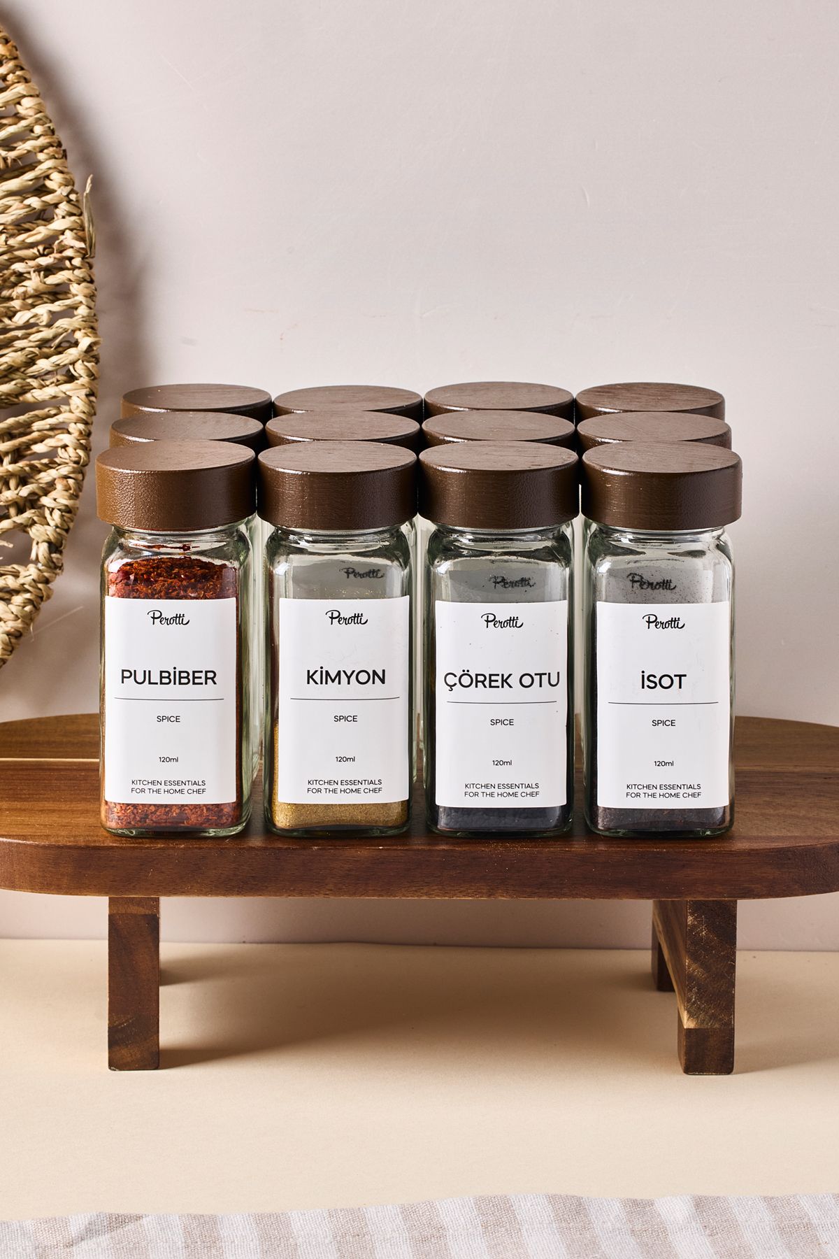 Perotti-Raul Woody 12-Piece Minimal Acacia Lid Spice Rack Set 120ml-30 Pcs. Black-White Label Gift 3