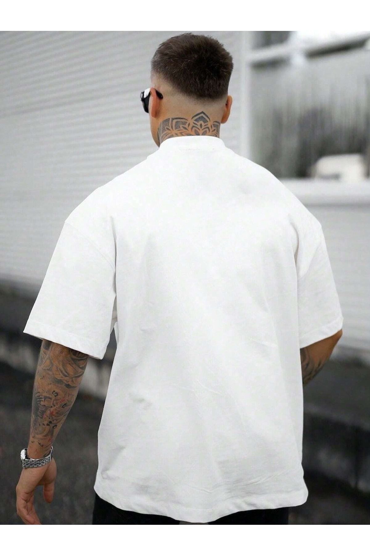 DUBU BUTİK-Tričko Los Angeles Downtown Single Jersey - Bílé oversize Tričko s krátkým rukávem Crew Neck Neck 5