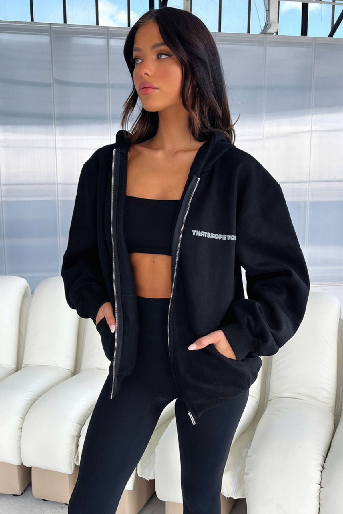DUBU BUTİK-Thatsofetch Minimal Patterned Black Oversize Cardigan - Hooded 4