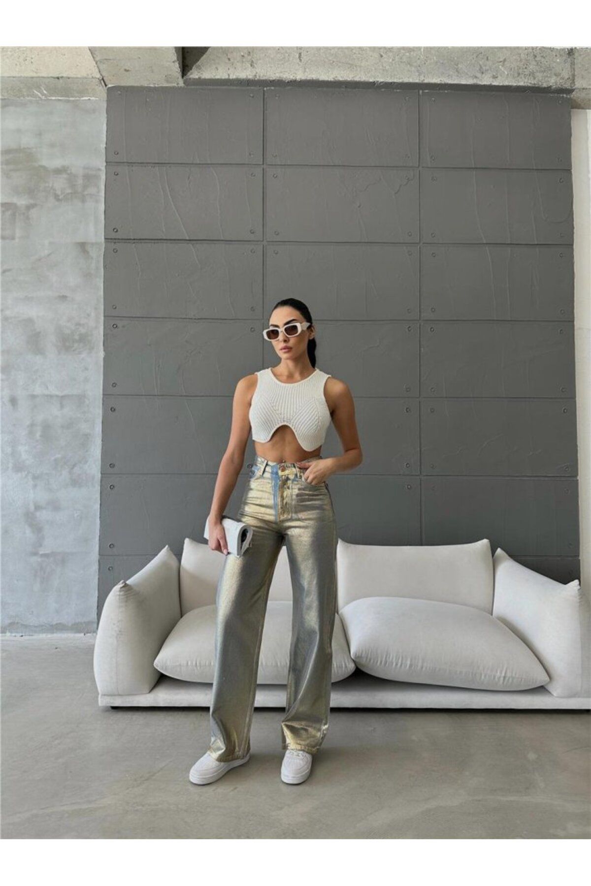 velmorafashion VARAKLI KOT PANTOLON - Gold