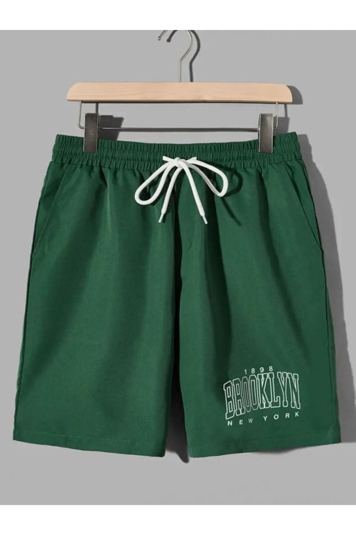 DUBU BUTİK-Brooklyn New York 1898 Printed White T-shirt and Nefti Green Oversize Unisex Shorts Set 4