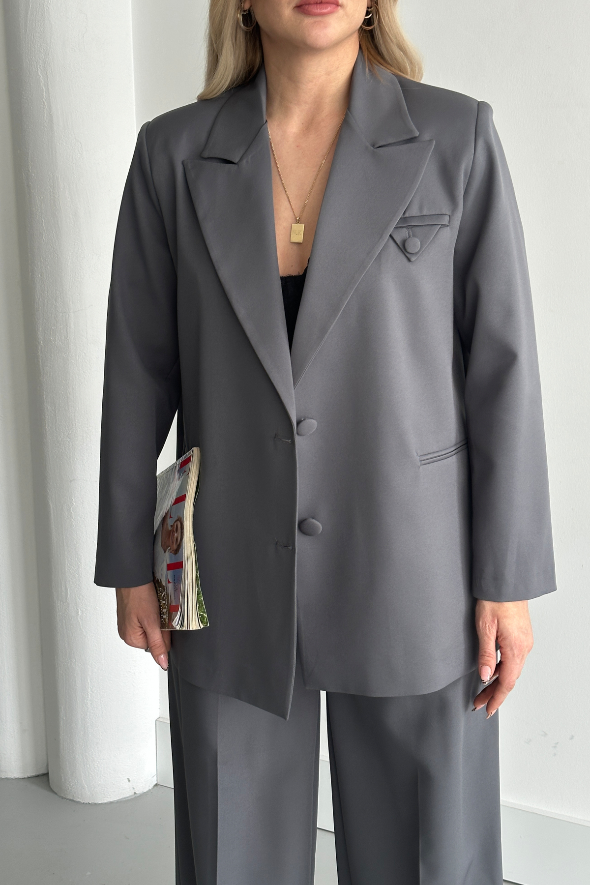 HOEK Women's Anthracite Button Detail Blazer Jacket Pants Suit