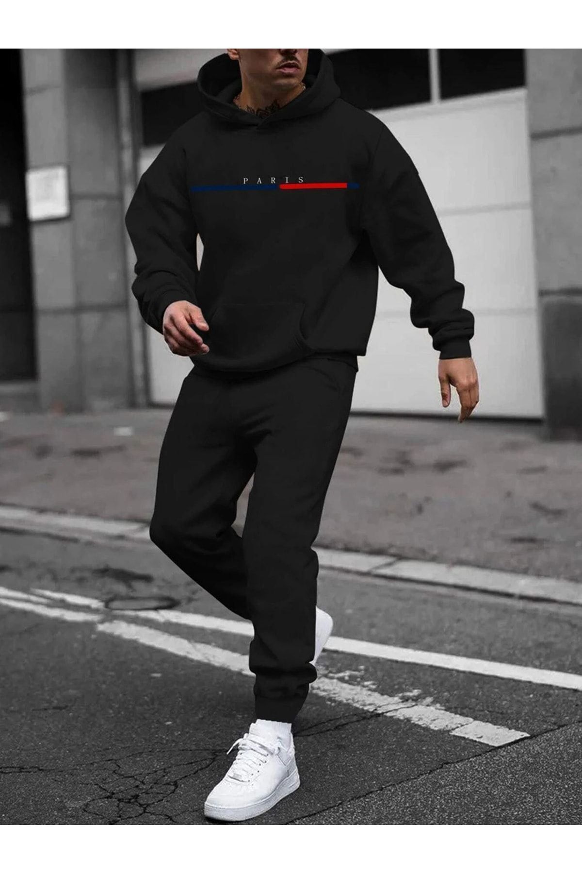 Sweetline Paris Çizgi Eşofman Takımı Sweatshirt Jogger - Siyah Baskılı Oversize Şardonlu Kapüşonlu