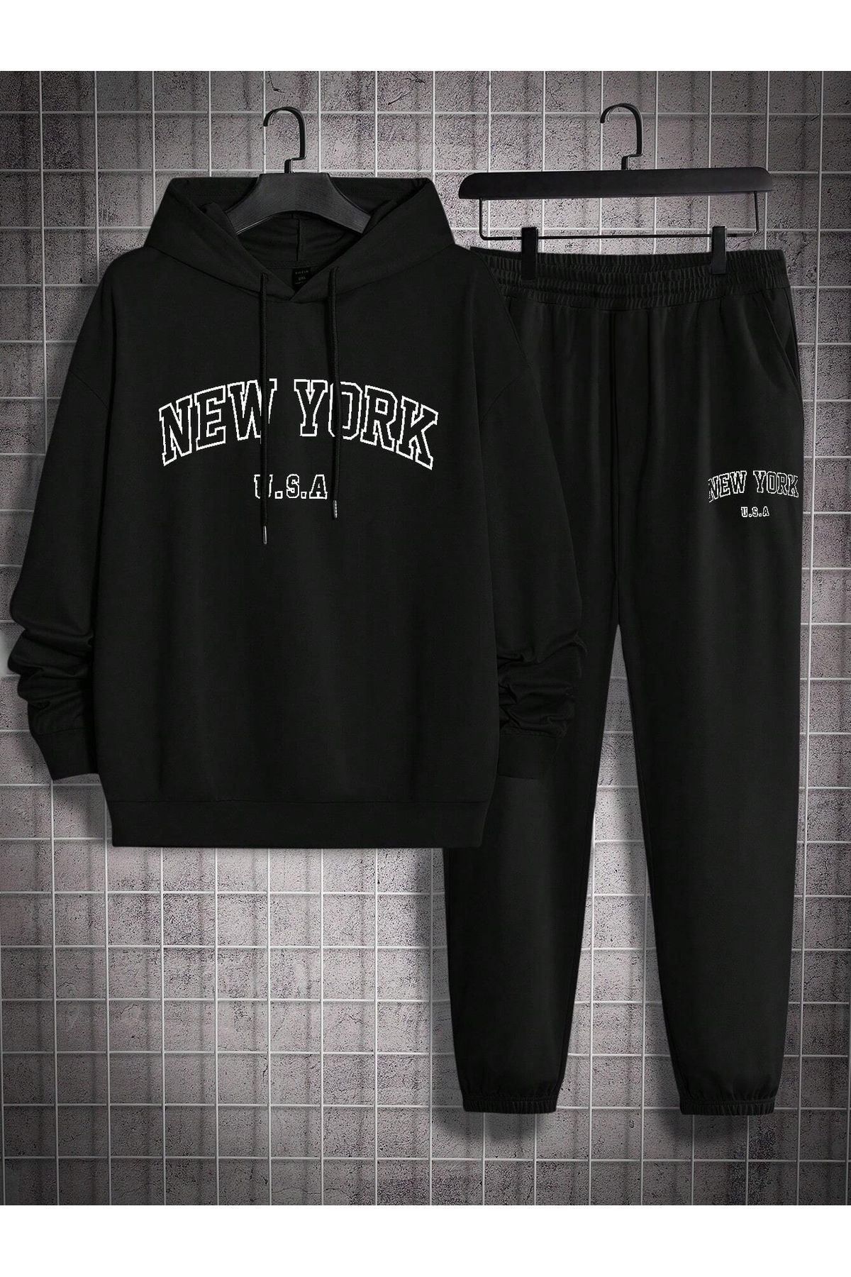 VBSVİBES-New York U.S.A Tracksuit Set Sweatshirt Jogger - Black Printed Oversize Drawstring Hoodie 1