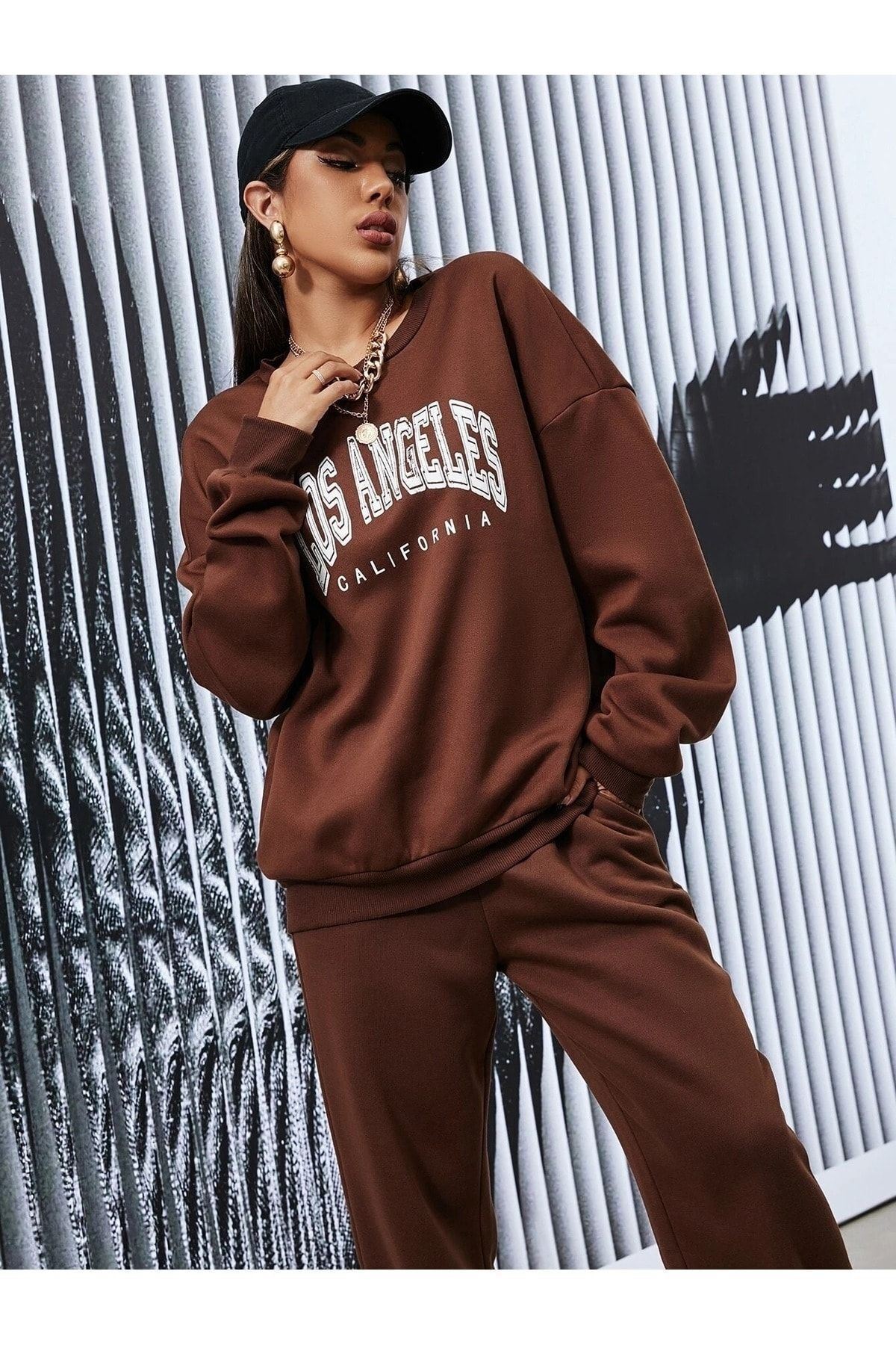 CLAYES-Σετ φόρμας Los Angeles Sweatshirt Jogger - Καφέ στάμπα Oversize Crew Neck 7