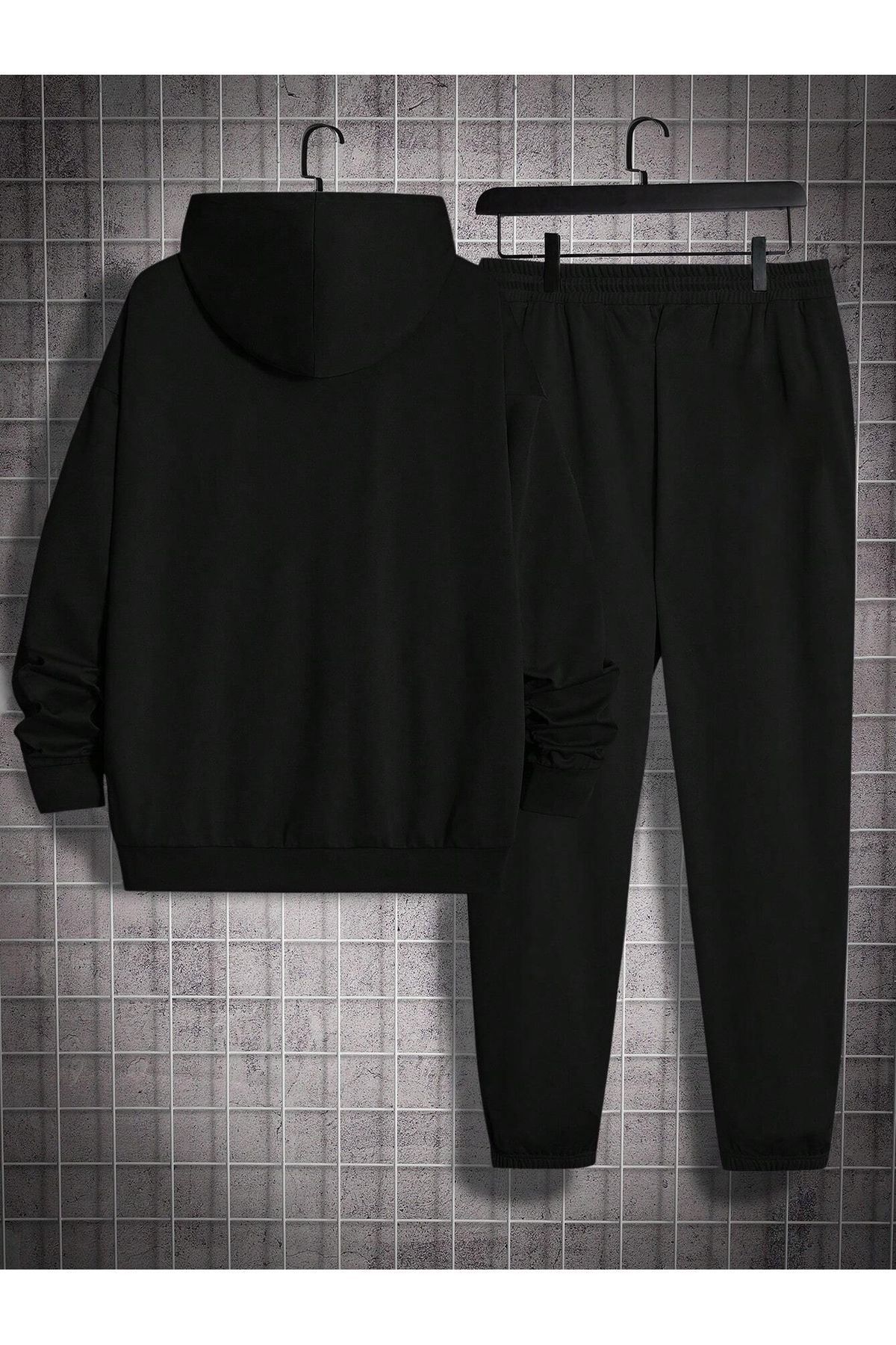 VBSVİBES-New York U.S.A Tracksuit Set Sweatshirt Jogger - Black Printed Oversize Drawstring Hoodie 2