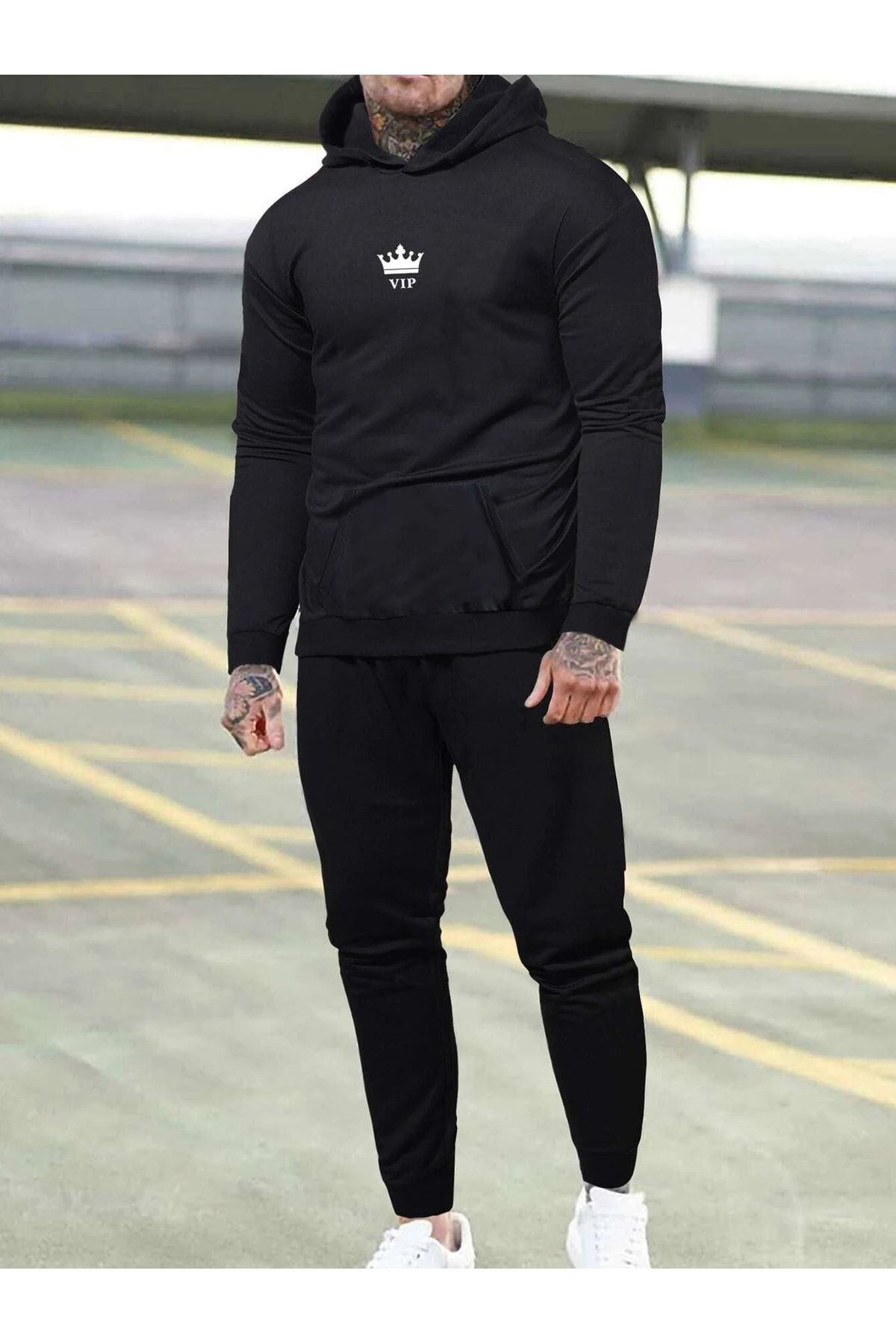 DUBU BUTİK Σετ φόρμας Vip Φούτερ Jogger - Μαύρο εμπριμέ Oversize Hooded