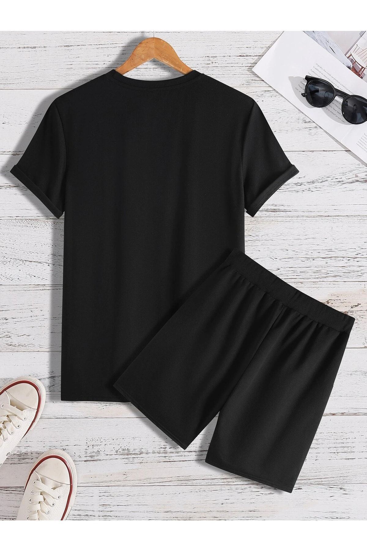 CLAYES-Wings T-shirt Shorts - Black Bottom Top Combination Shorts T-shirt Set Printed Oversize Crew Neck 2