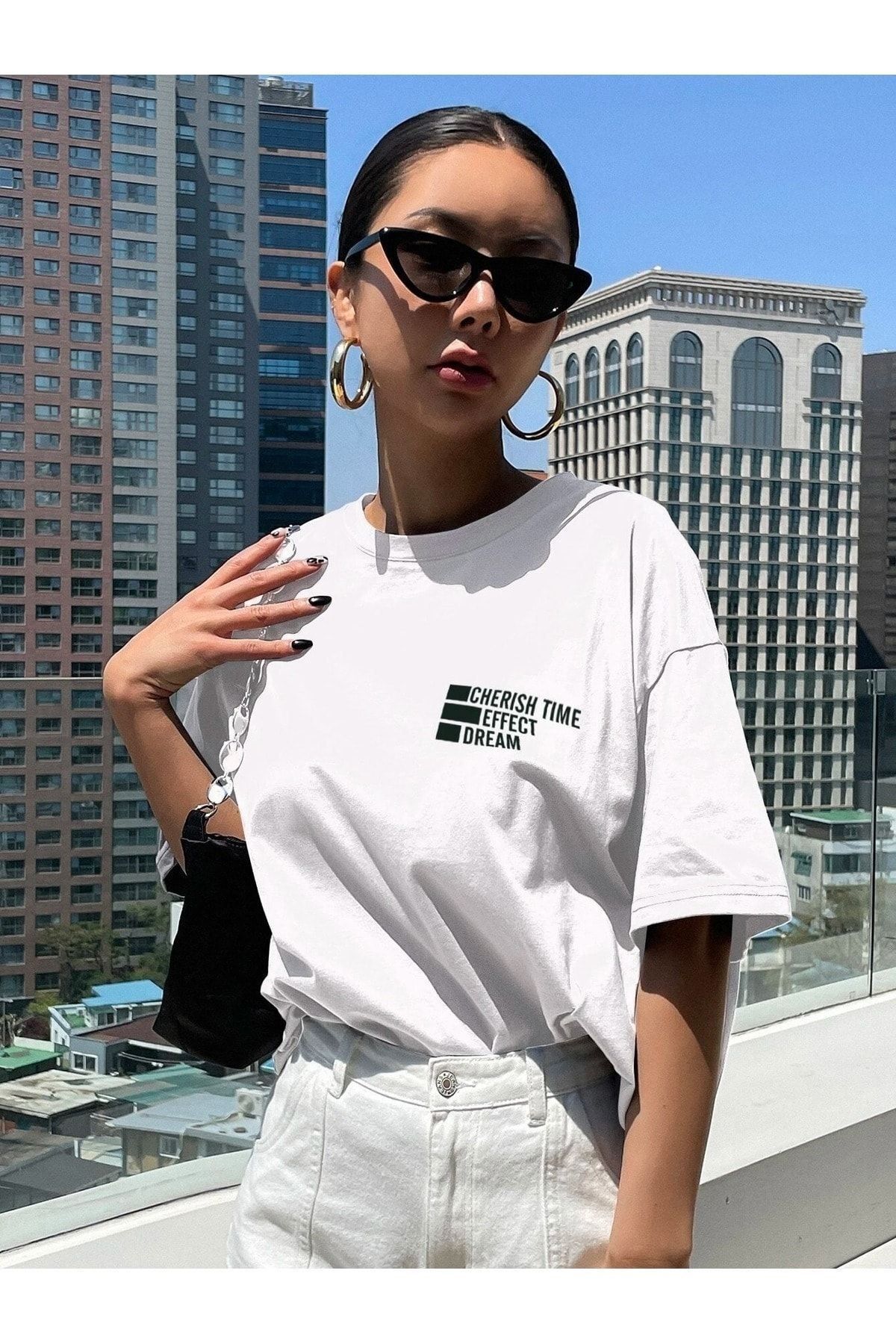 VBSVİBES-Unisex bílé oversize pletené tričko Cheeris Time Printed 5