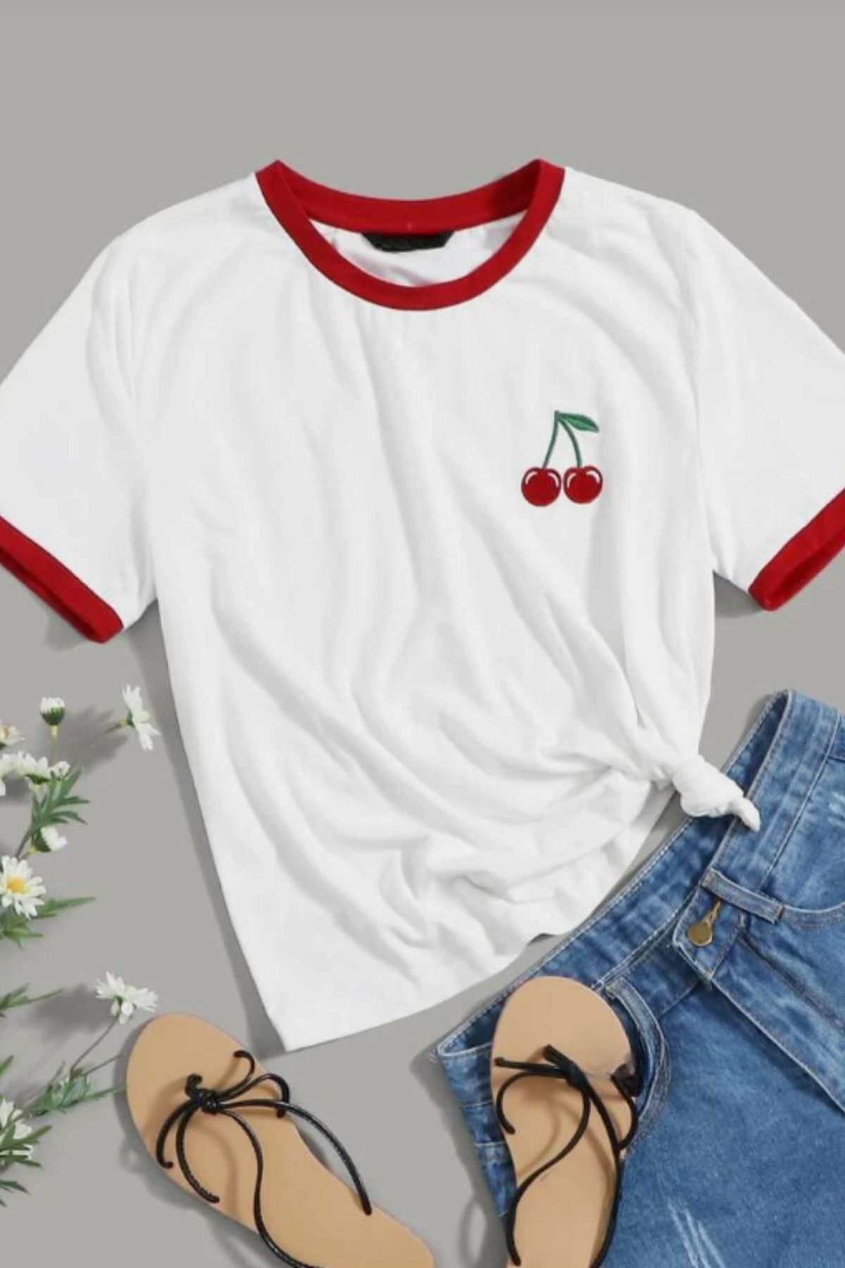 Sweetline Kiraz Baskılı Süprem T-Shirt - Kırmızı Beyaz Oversize Bisiklet Yaka Kısa Kol Tişört